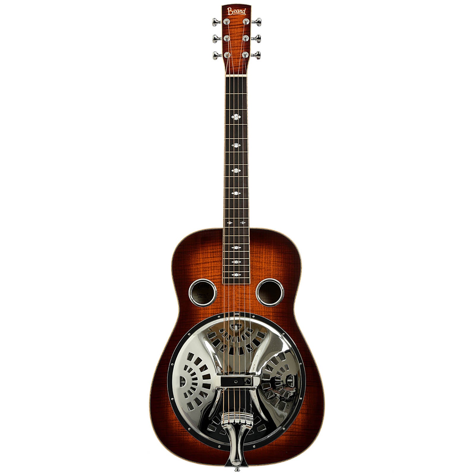 Full front of Beard Legacy E-Model Squareneck Resonator Guitar Amber Sunburst