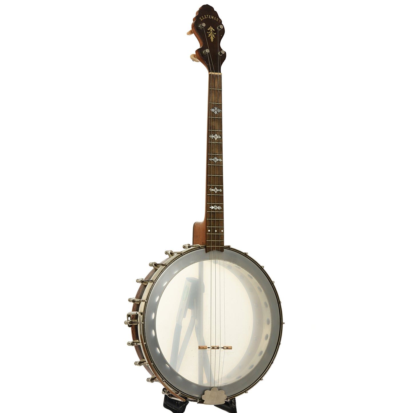 Full front and side of S.S. Stewart Tenor Banjo