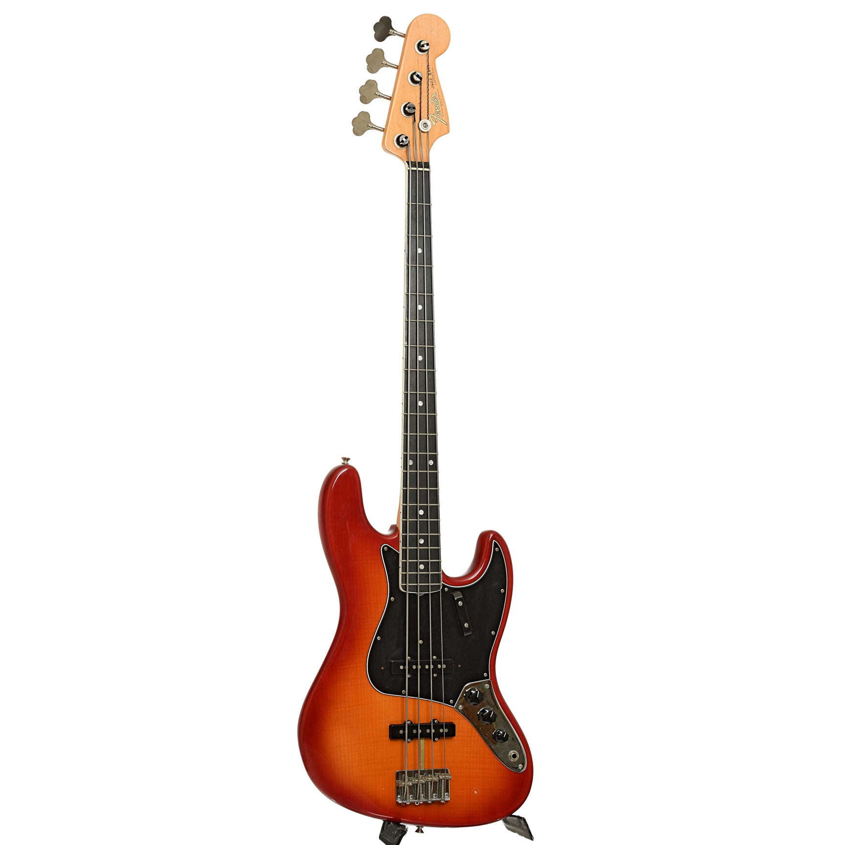 Full front and side of Fender Rarities Series Flame Ash Top American Original '60s Jazz Bass 