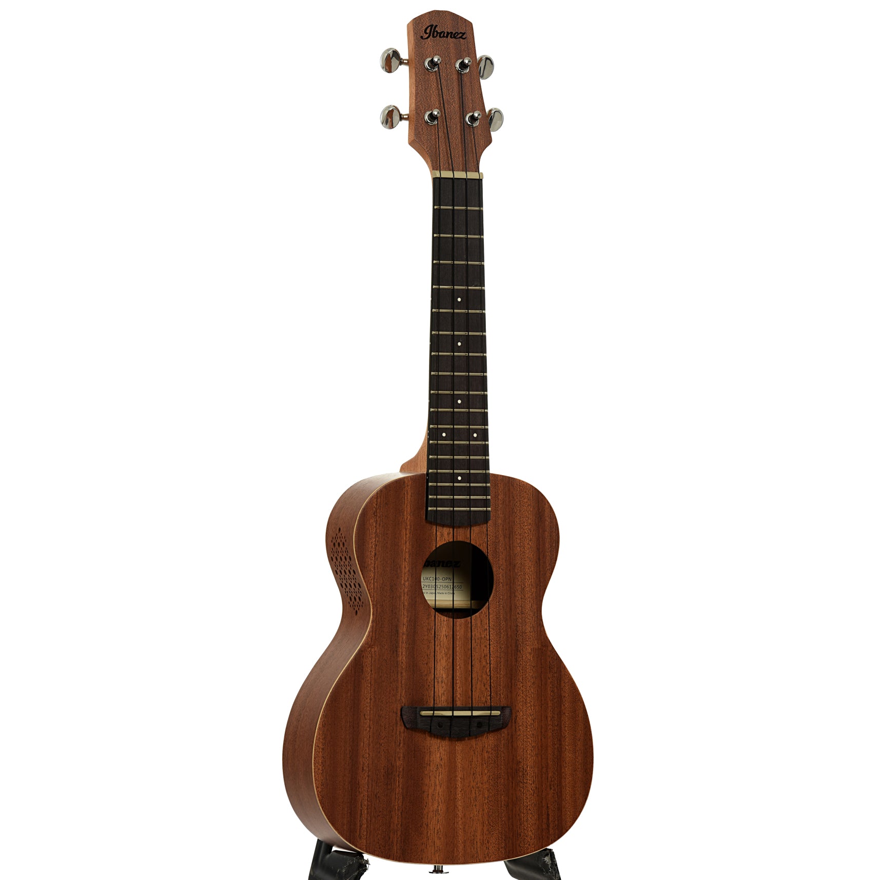 Full front and side of Ibanez Concert Ukulele with Bag, Open Pore Natural
