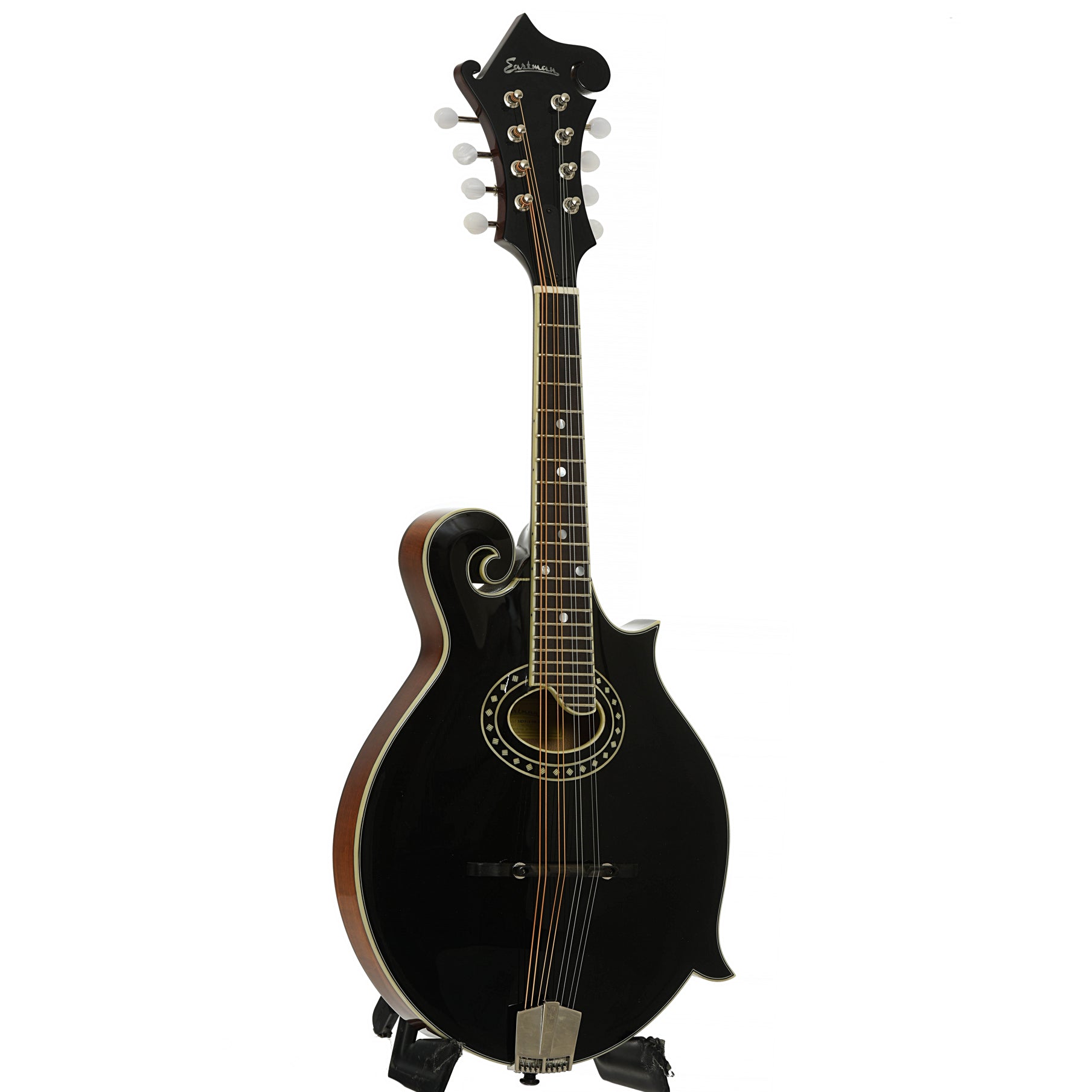 Full front and side of Eastman MD514 BK LTD F-Style Mandolin 