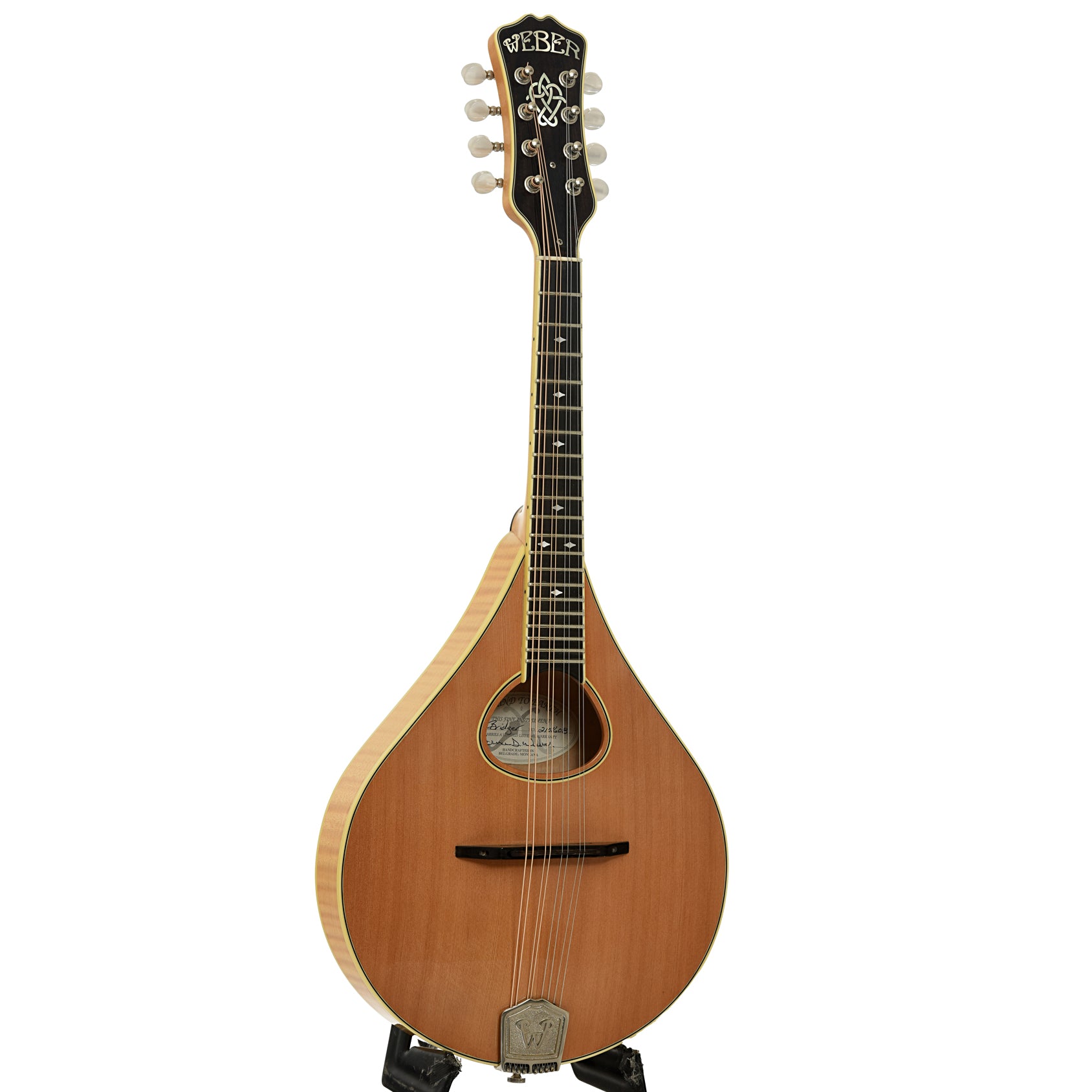 Full front and side of Weber Bridger A-Style Mandolin 