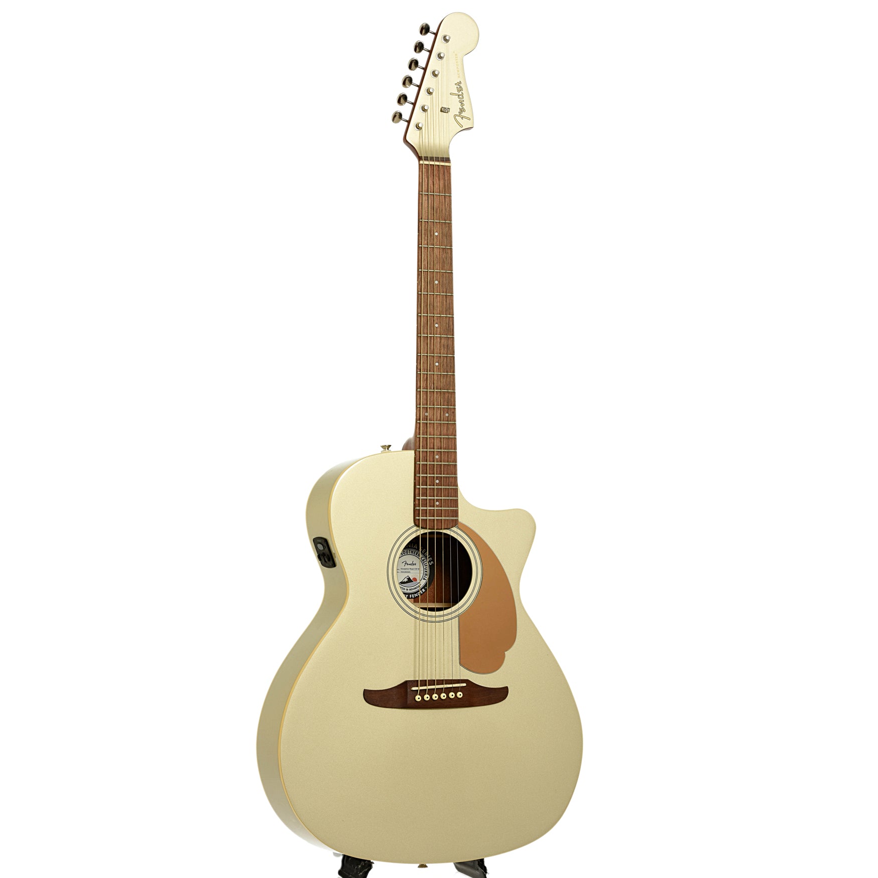 Full front and side of Fender Newporter Player Champagne Acoustic Guitar