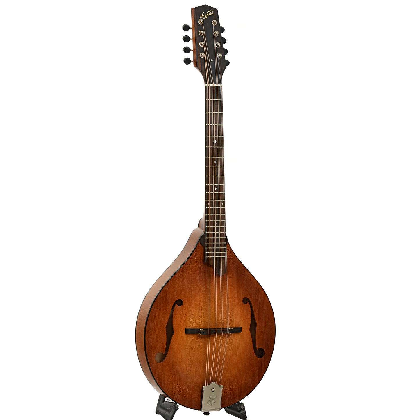 Full front and side of Northfield Wavelength Octave Mandolin & Gig Bag, Ox Amber
