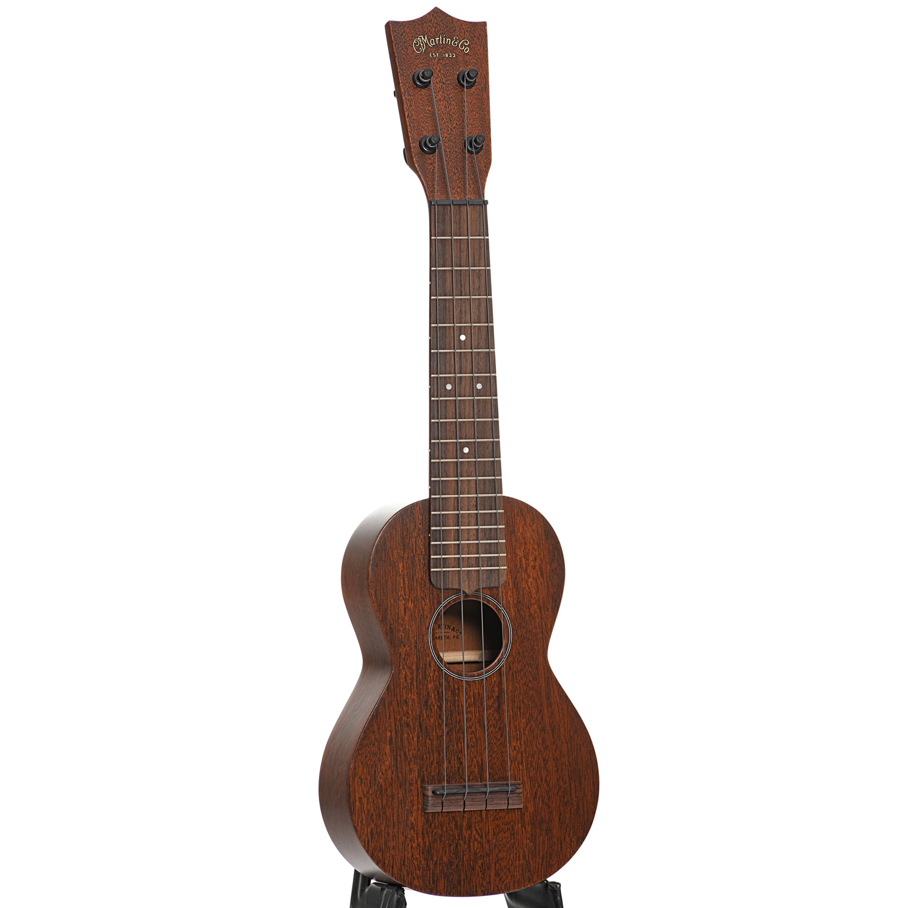 Full front and side of Martin Style 0 Soprano Ukulele Shopworn