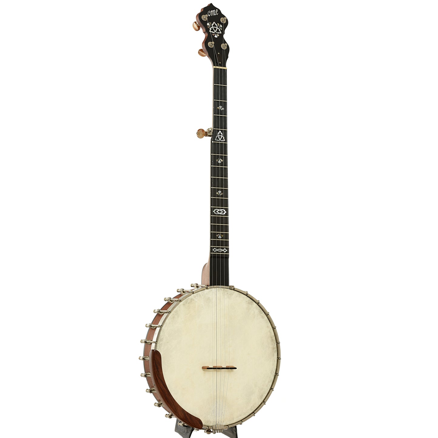 Full front and side of Ome Celtic Alpha Open Back Banjo                                                                                                                                                        