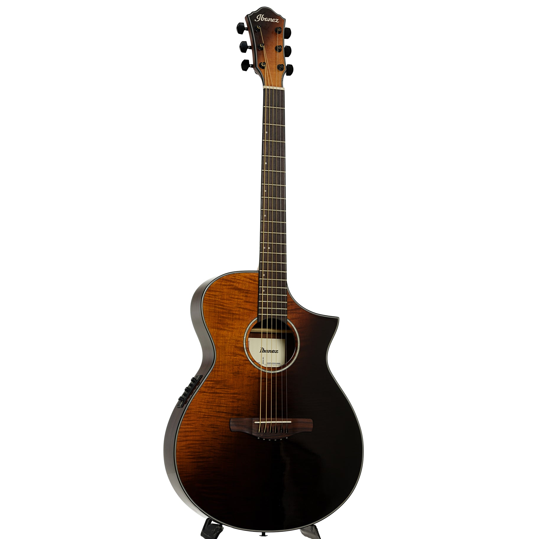 Full front and side of Ibanez AEWC32FM Thinline Acoustic-Electric Guitar Amber Sunset Fade