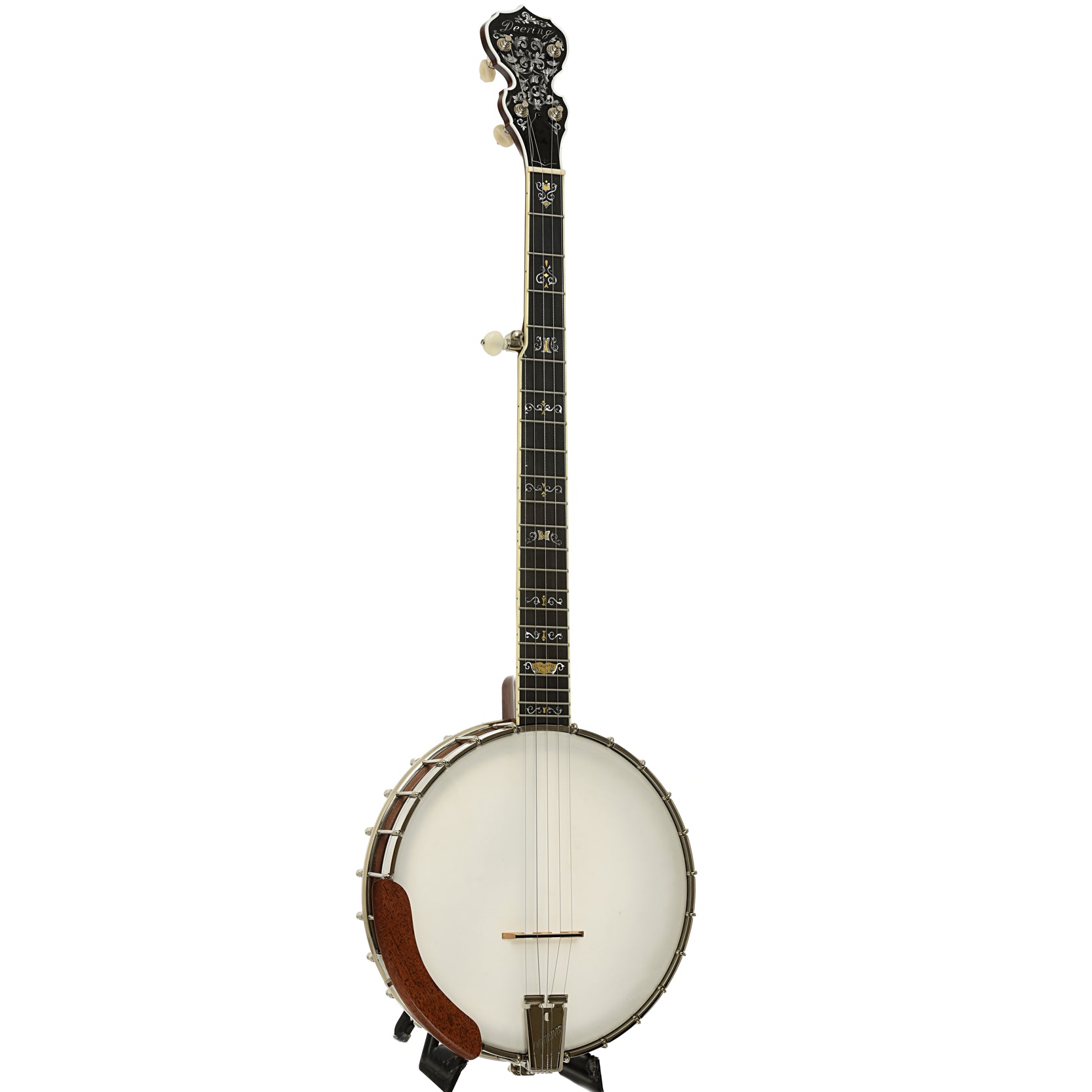 Full front and side of Deering Clawgrass II Openback Banjo 