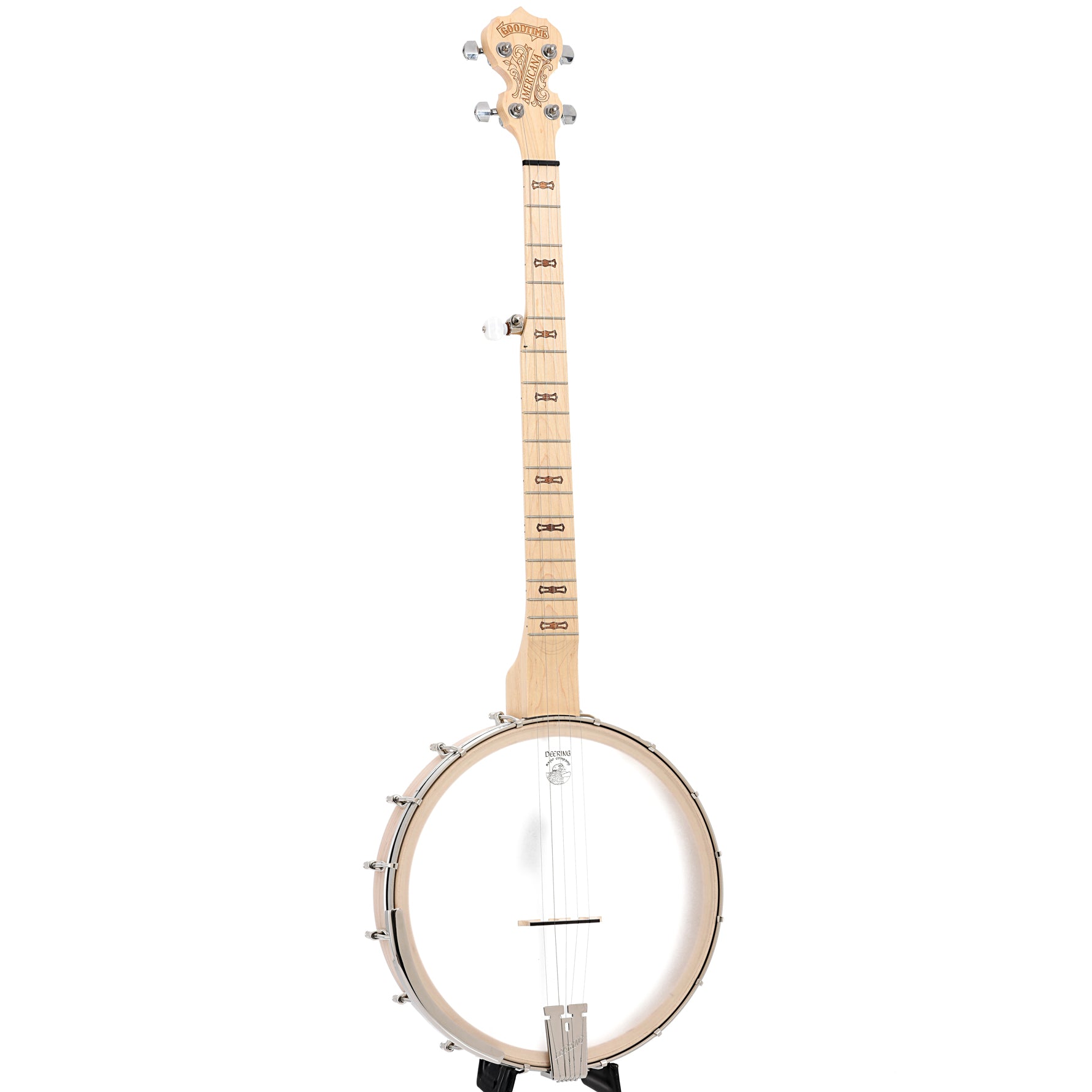 Full front and side of Deering Goodtime Americana 12" Openback Banjo with Scooped Fretboard