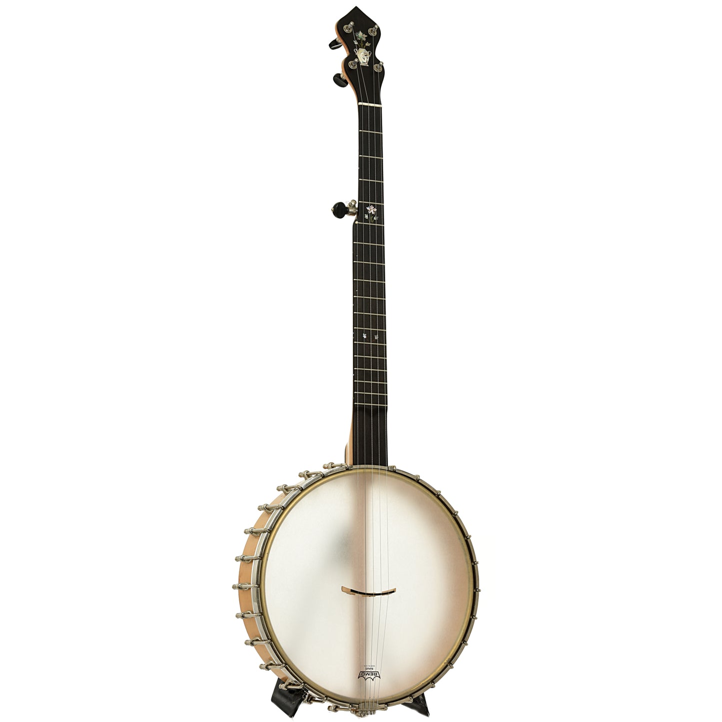 Full front and side of Chuck Lee Prairieville Custom Open Back Banjo 