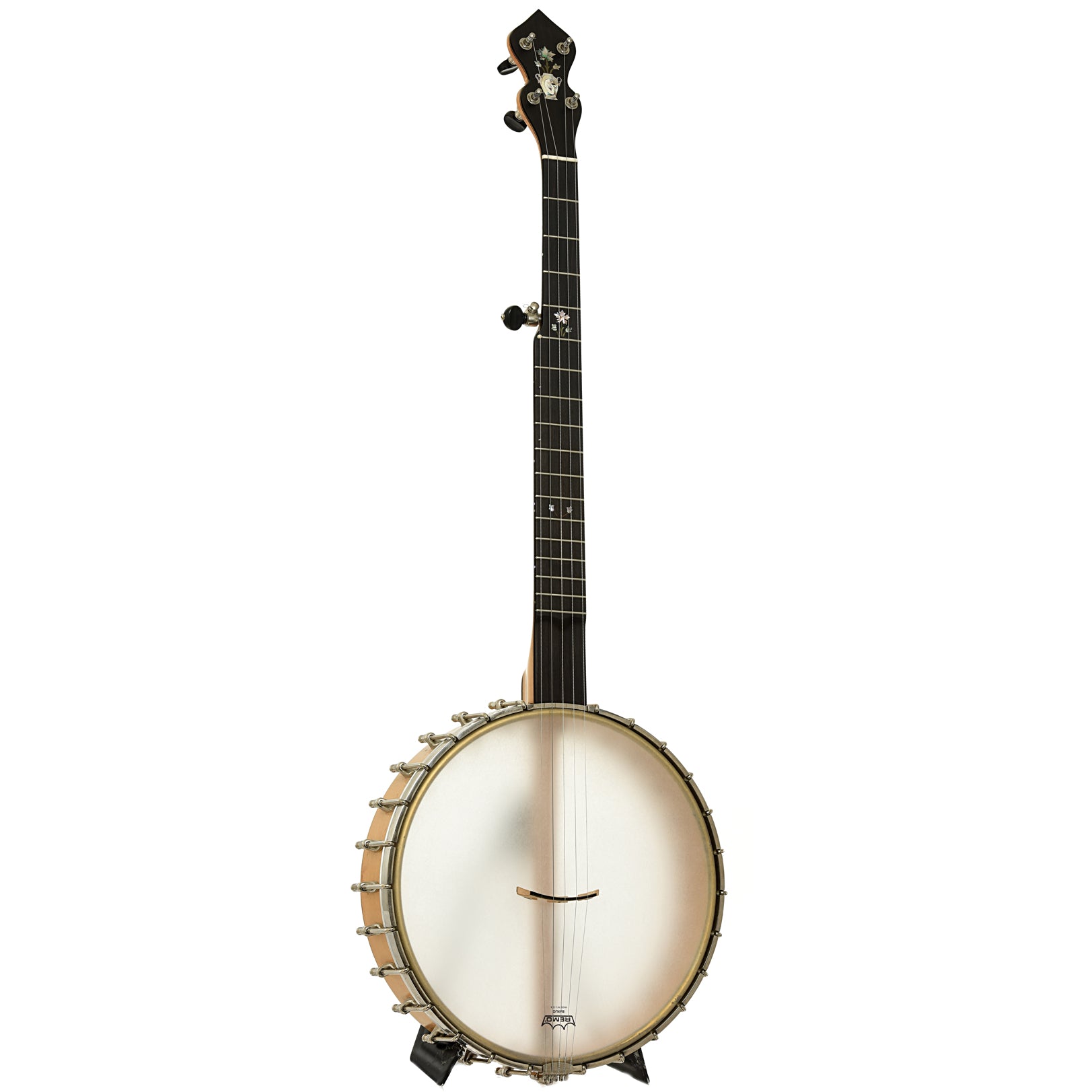 Full front and side of Chuck Lee Prairieville Custom Open Back Banjo 