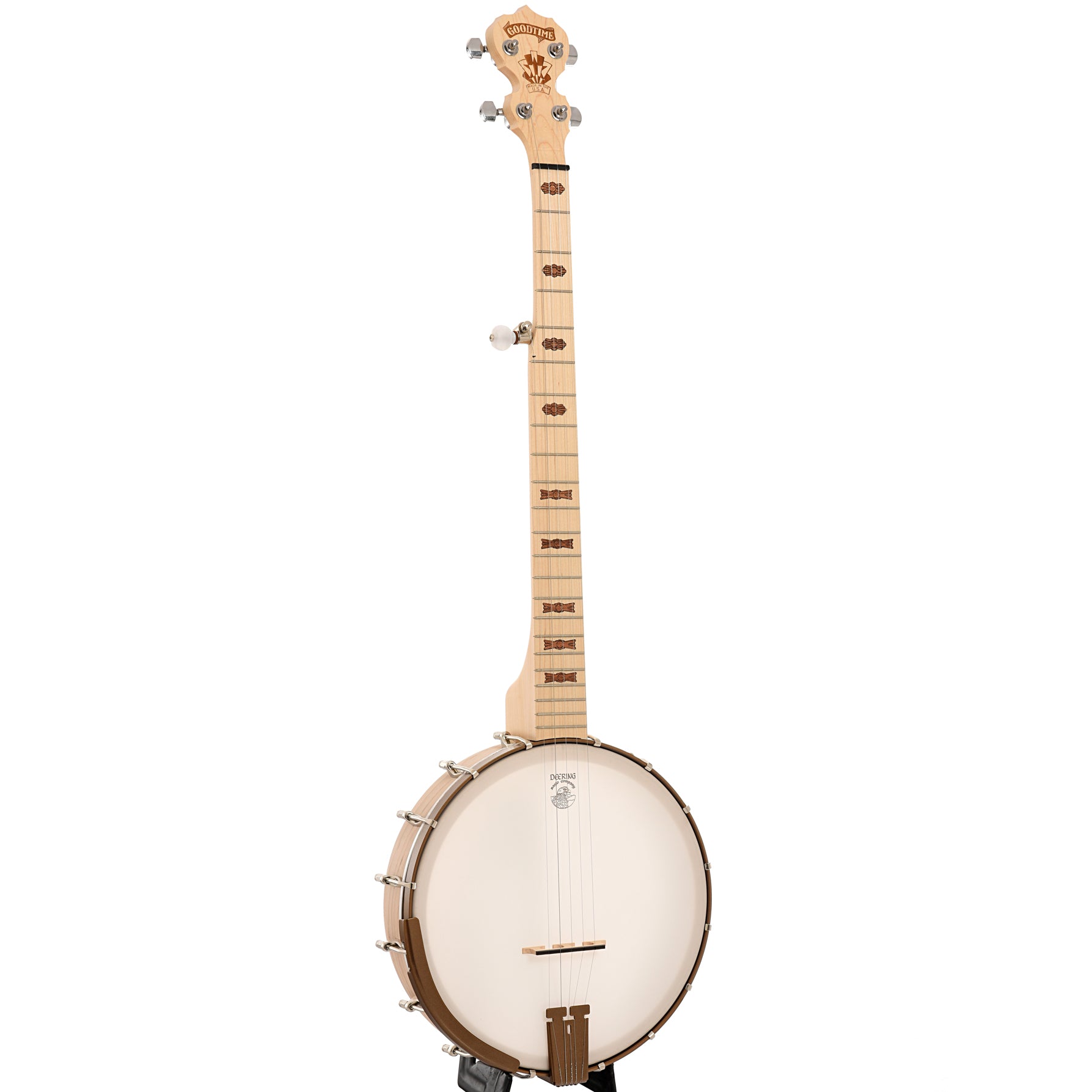 Full front and side of Deering Goodtime Deco Openback Banjo