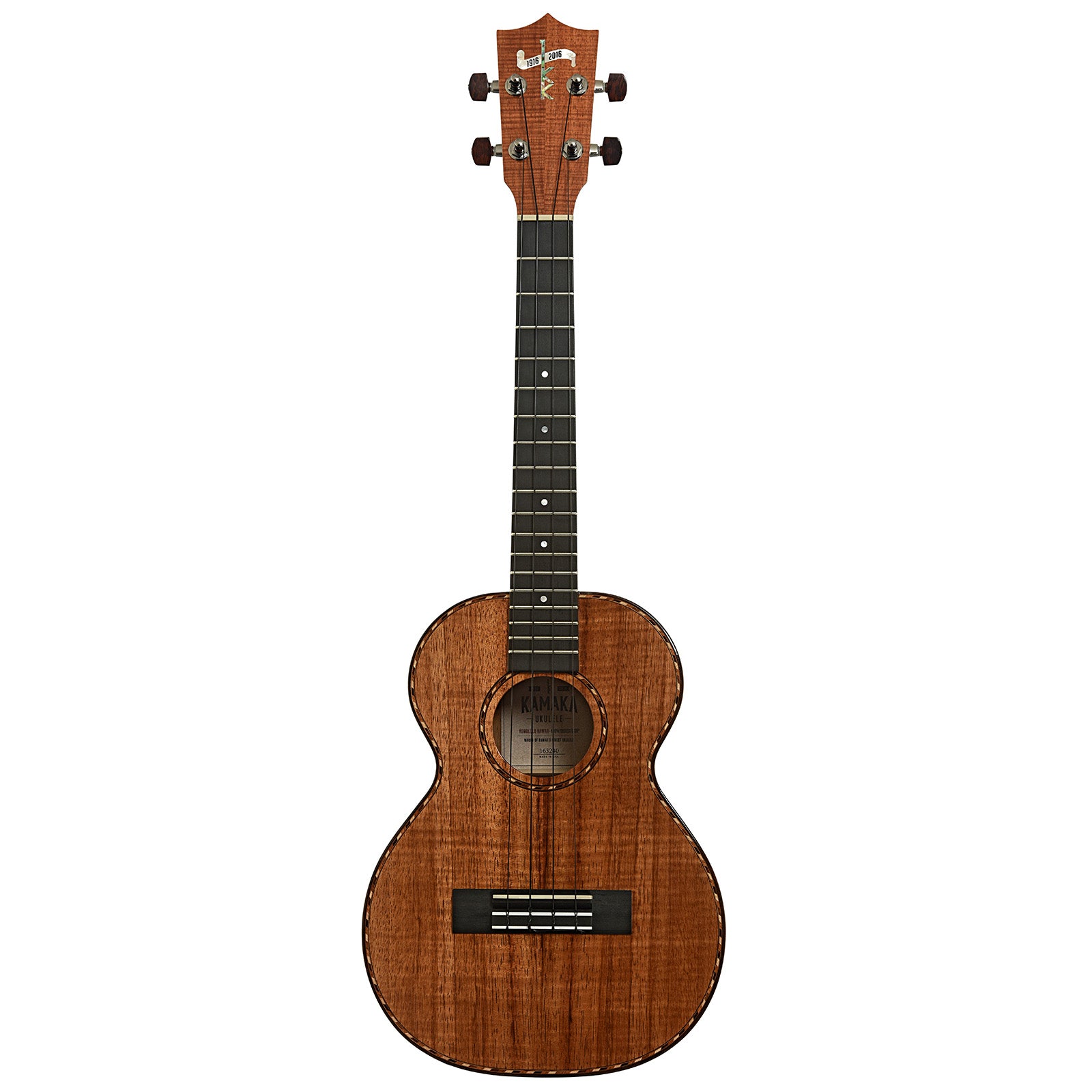 Full front of Kamaka 100th Anniversary HF-3D Deluxe Tenor Ukulele with Case