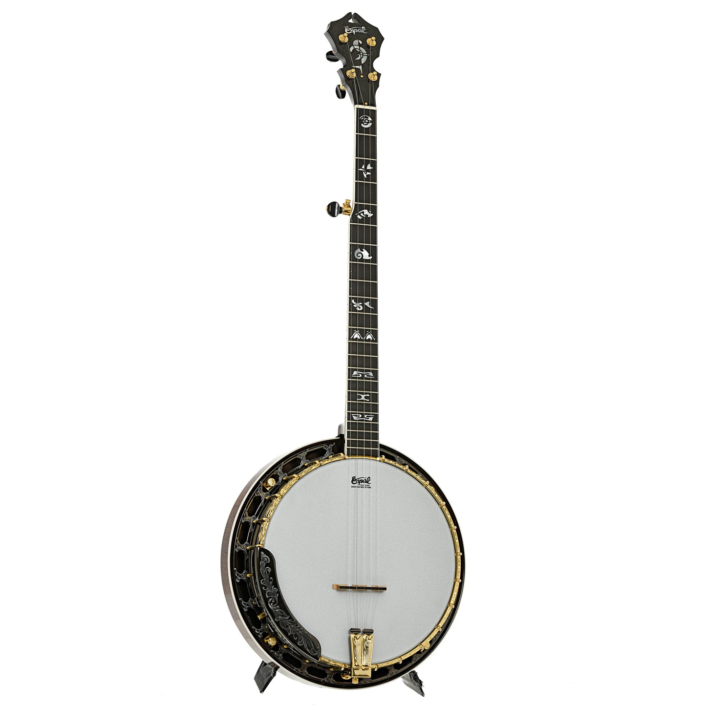 Full front and side of Capek Allegoria Gold Banjo & Case, Flame Maple