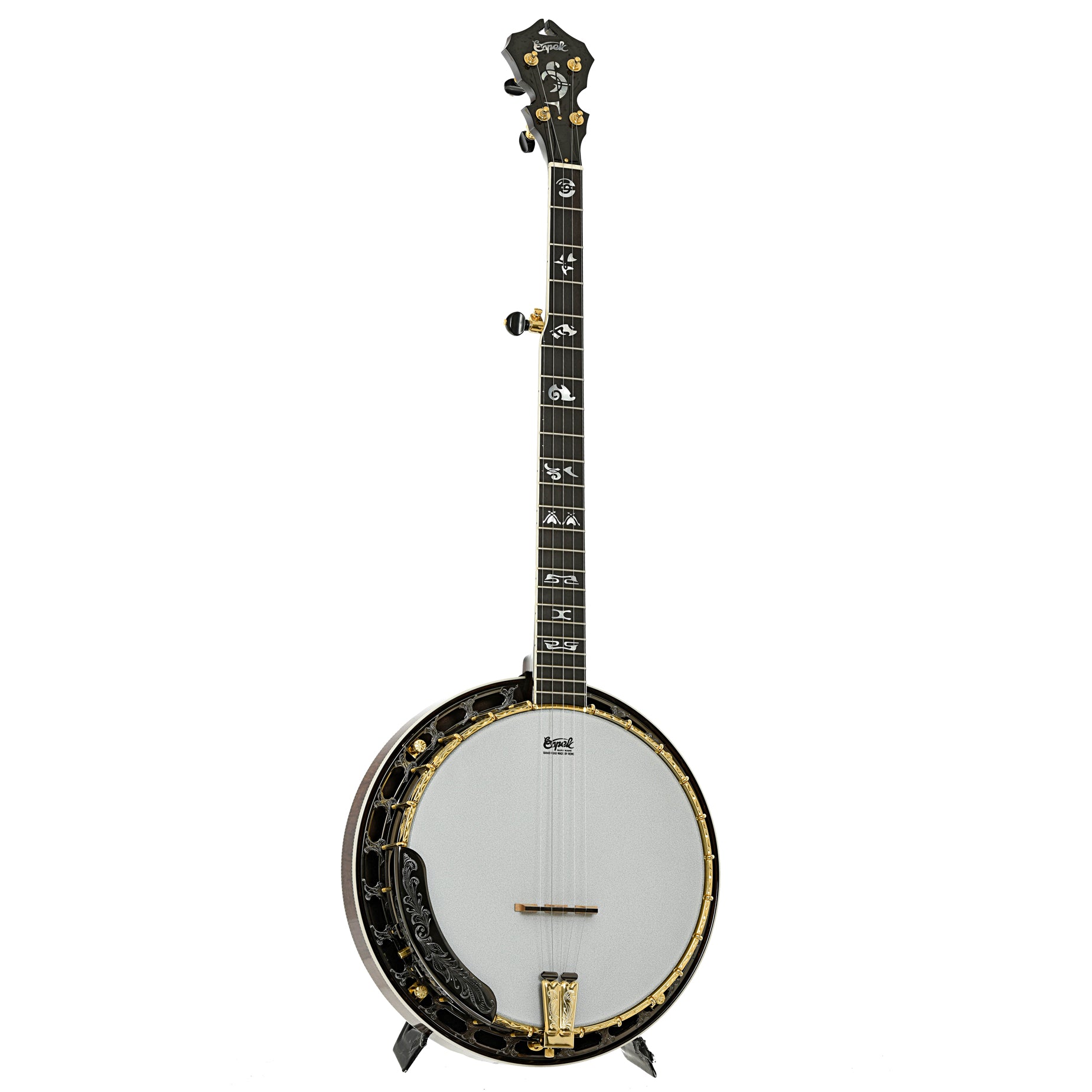 Full front and side of Capek Allegoria Gold Banjo & Case, Flame Maple