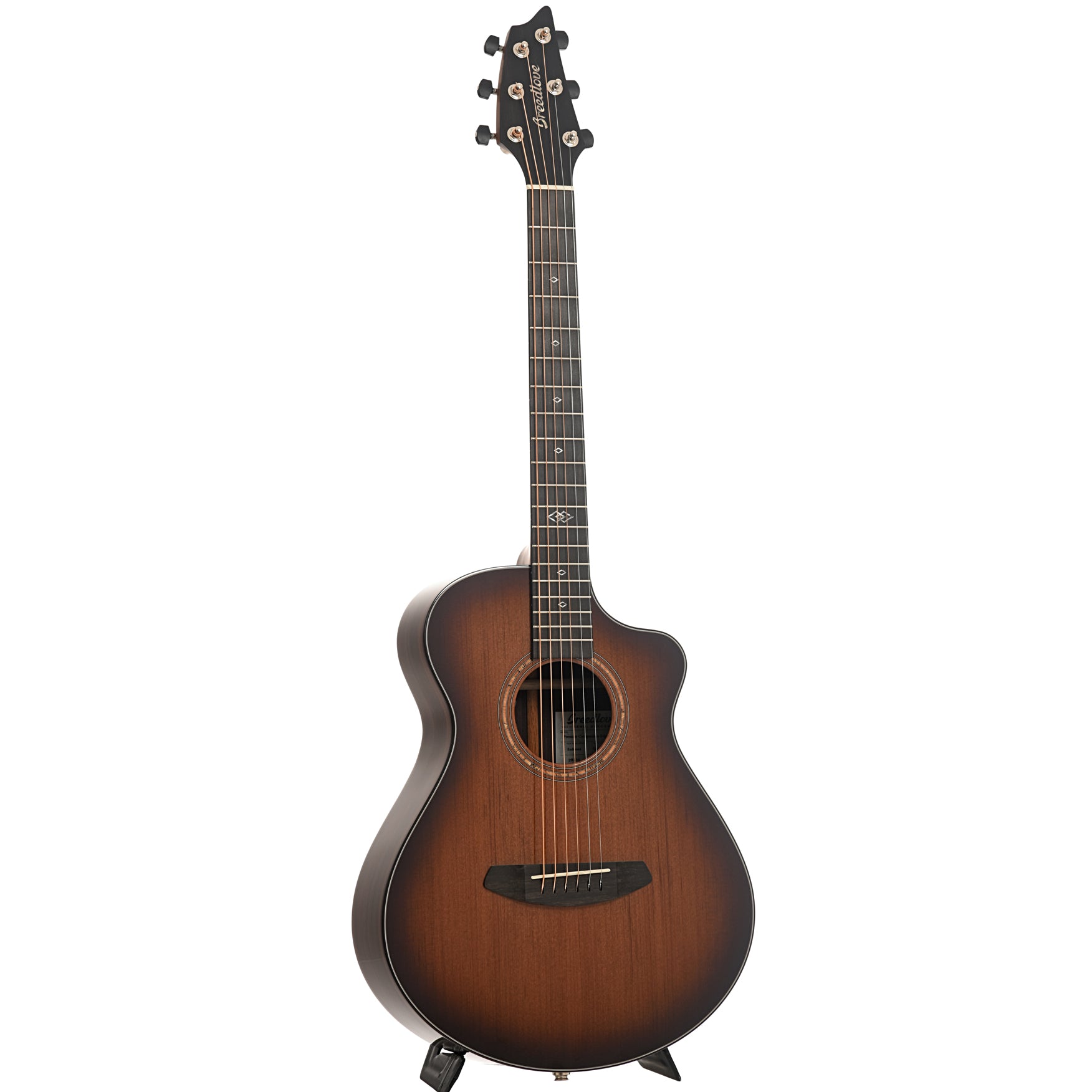 Full front and side of Breedlove Premier Companion Edgeburst CE Redwood-EI Rosewood Acoustic-Electric Guitar