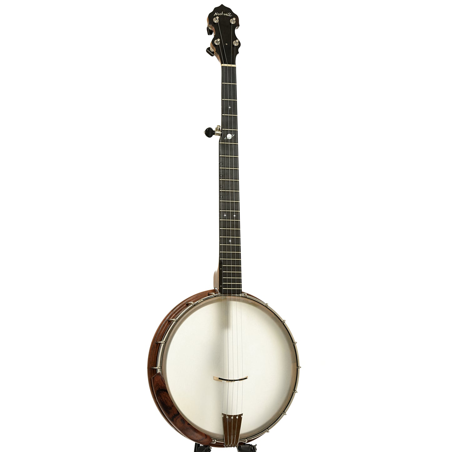Full front and side of Nechville Atlas 12" Walnut Open Back Banjo