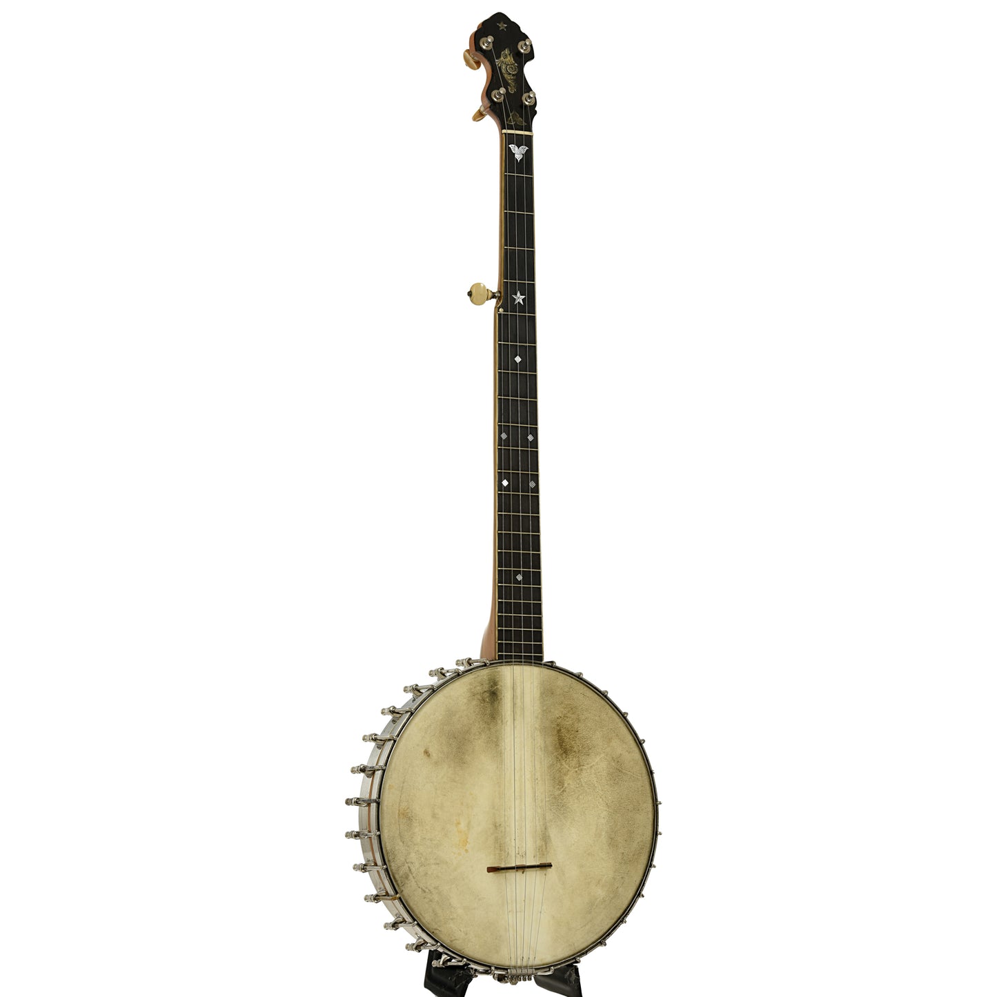 Full front and side of Fairbanks Whyte Laydie No.2 Open Back Banjo 