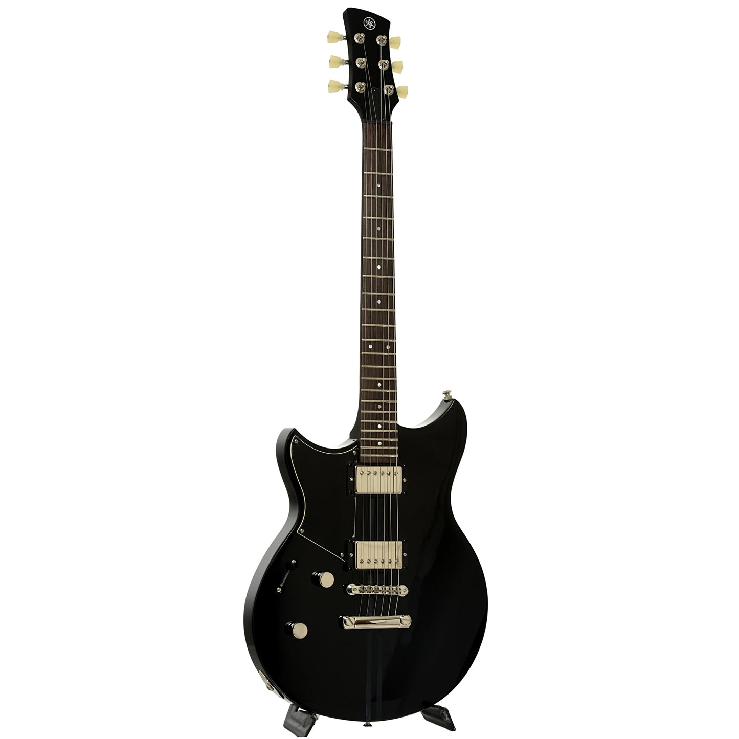 Full front and side of Yamaha RSE20L Revstar Element Left Handed Electric Guitar, Black 
