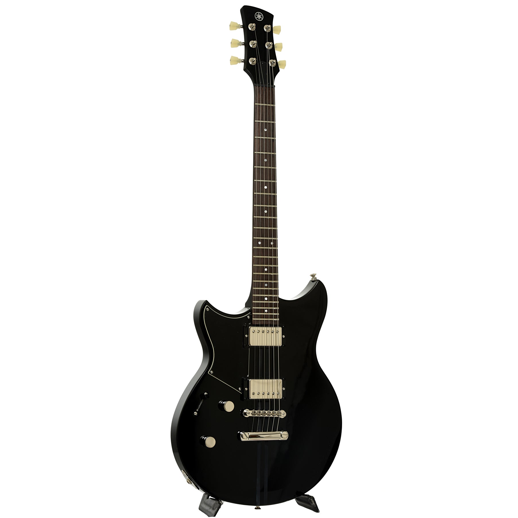 Full front and side of Yamaha RSE20L Revstar Element Left Handed Electric Guitar, Black 