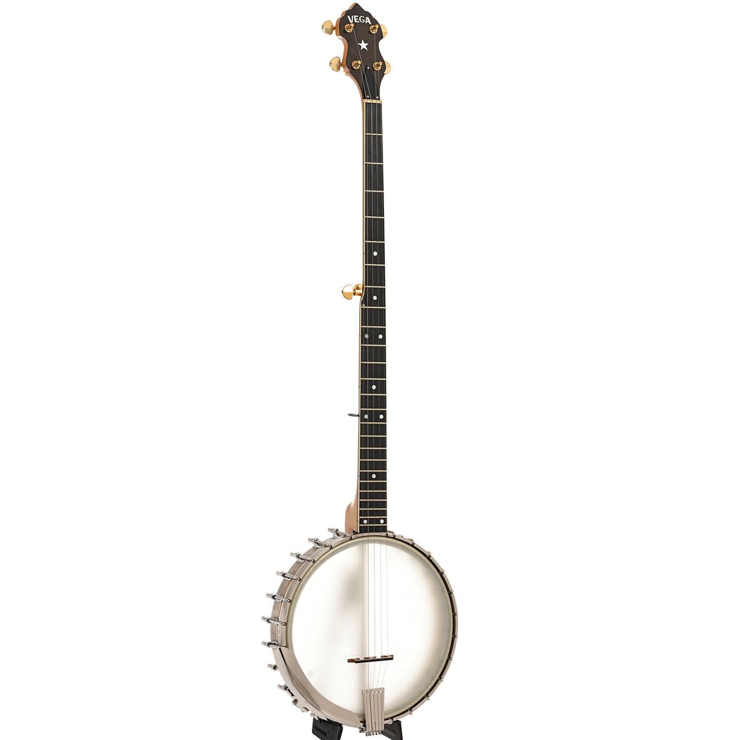 Full front and side of Vega Pete Seeger Extra Long Neck Banjo