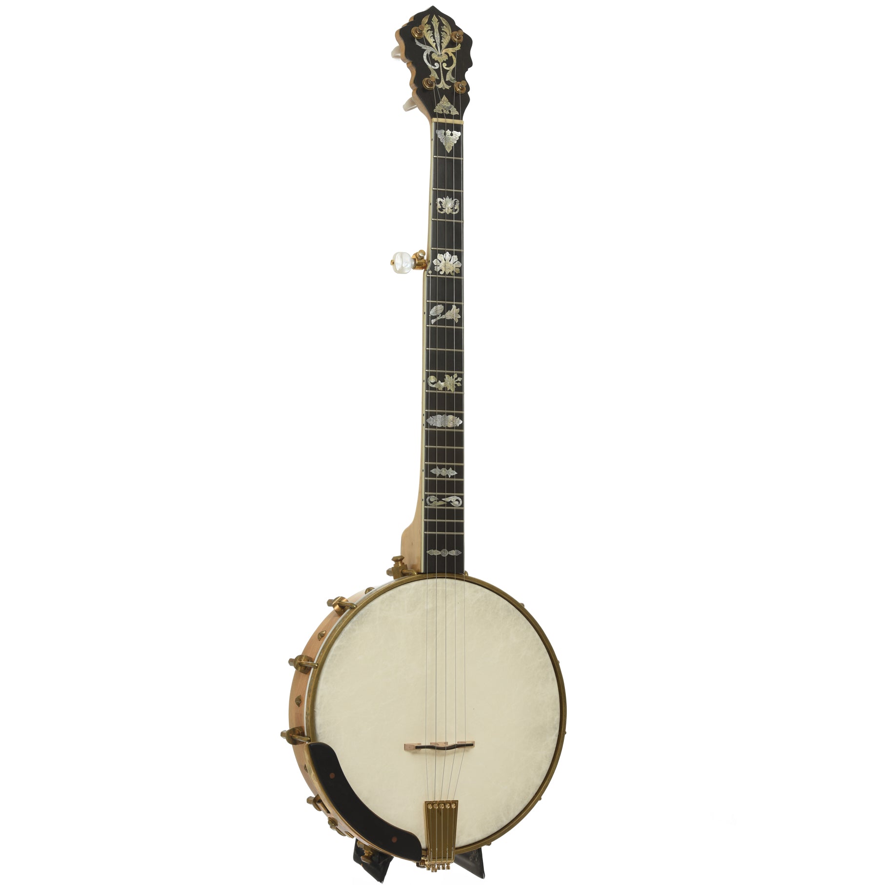 Full front and side of Cloverlick Custom Piney Woods Openback Banjo