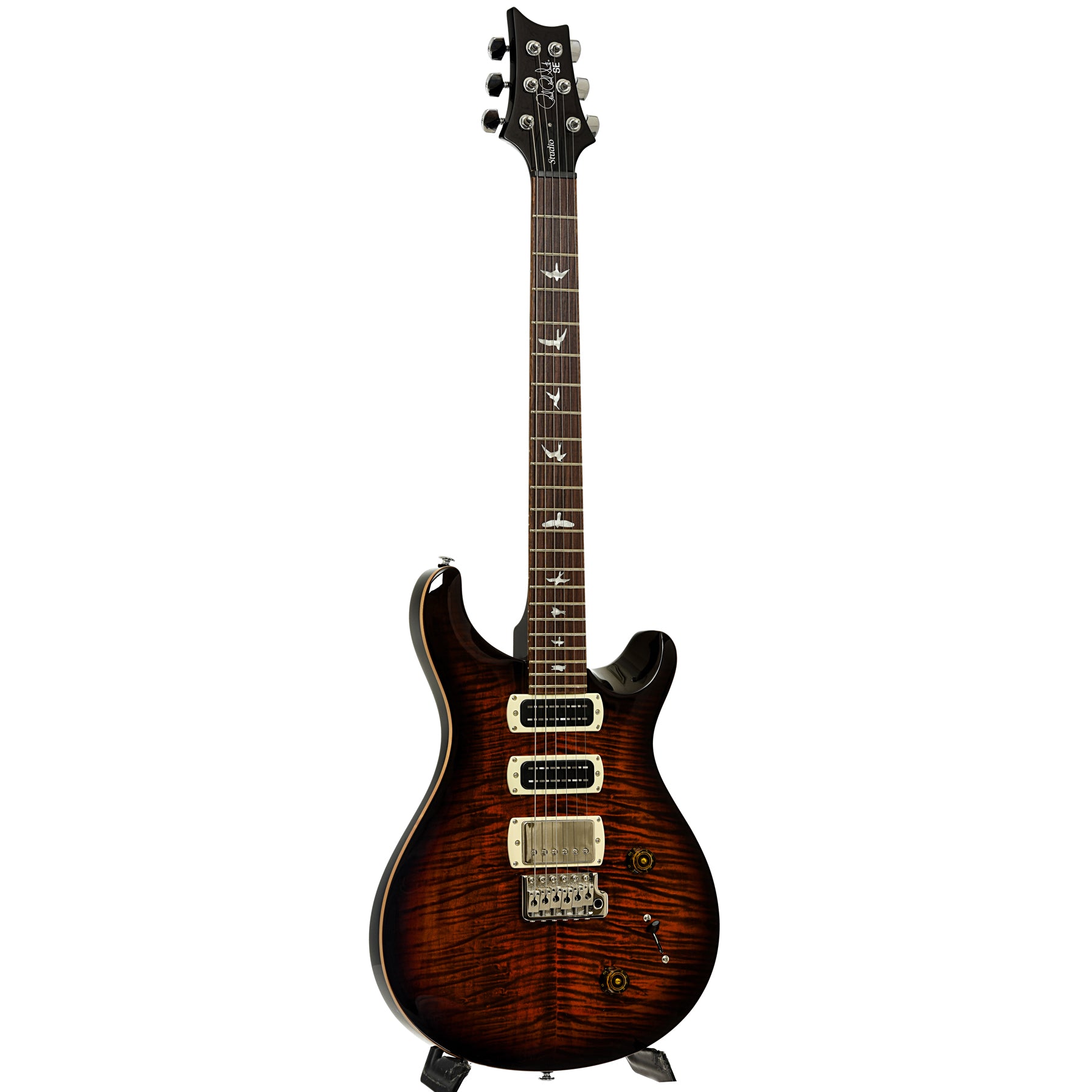 Full front and side of PRS SE Studio Electric Guitar Orange Tiger Smokeburst