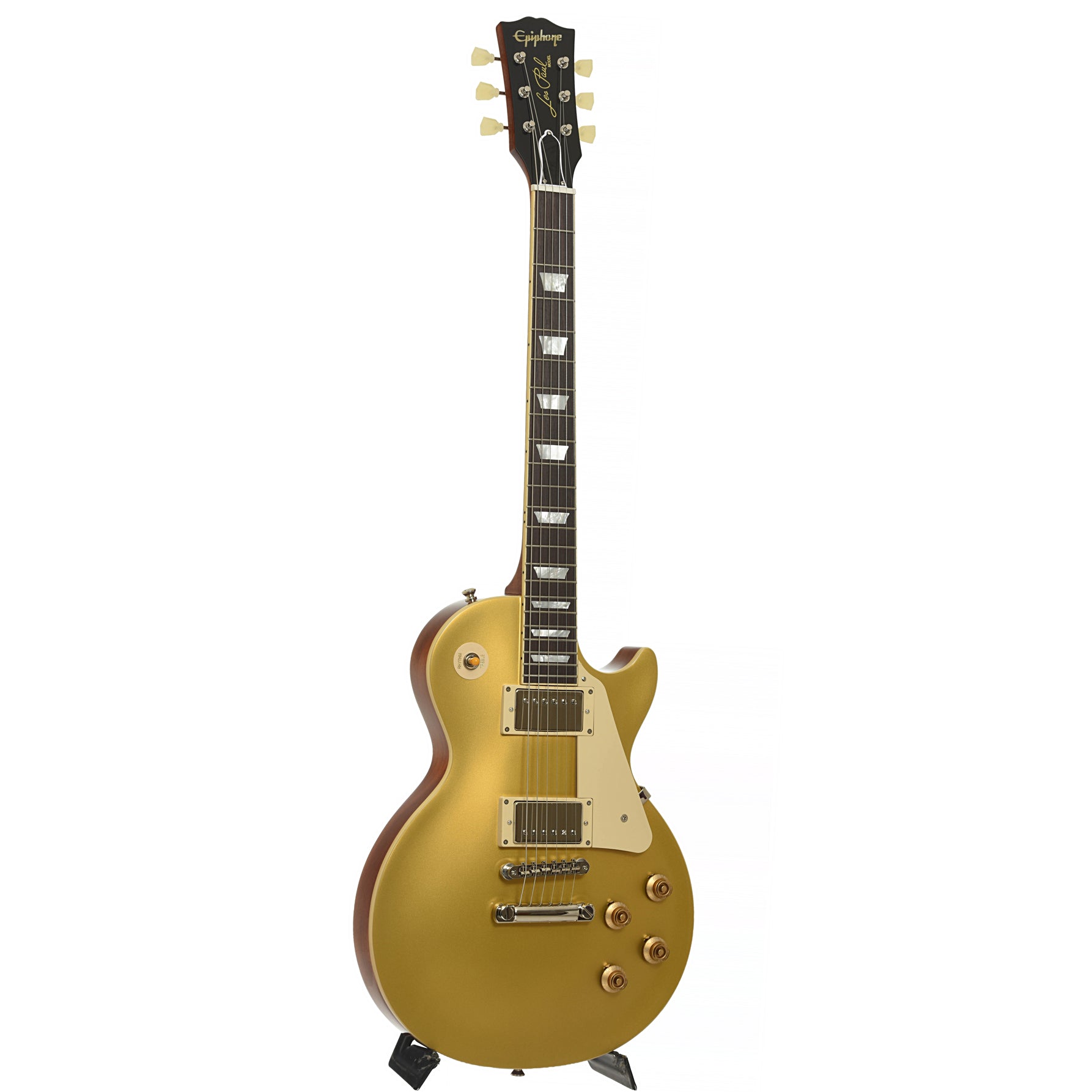 Full front and side of Epiphone 1957 Les Paul Goldtop Reissue Electric Guitar & Case, Double Gold