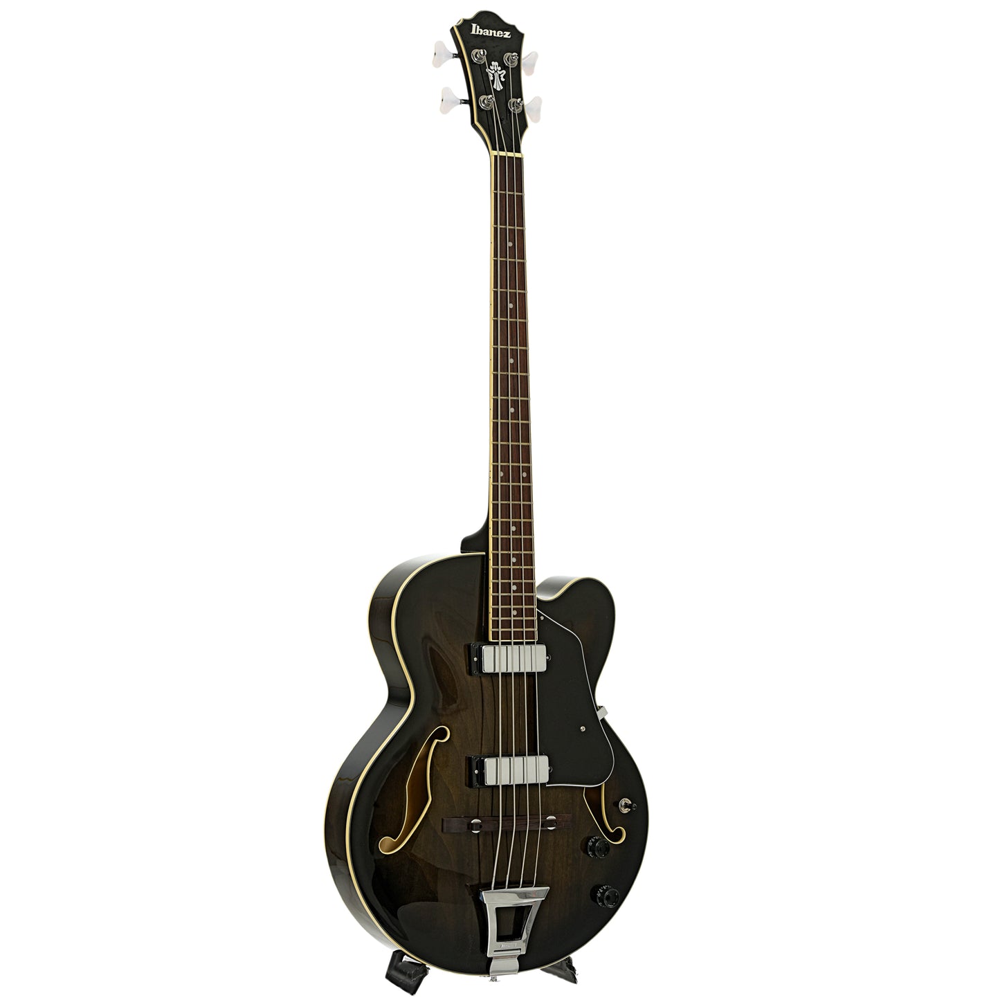Full front and side of Ibanez Artcore AFB200 Hollowbody Electric Bass Guitar, Transparent Black Sunburst