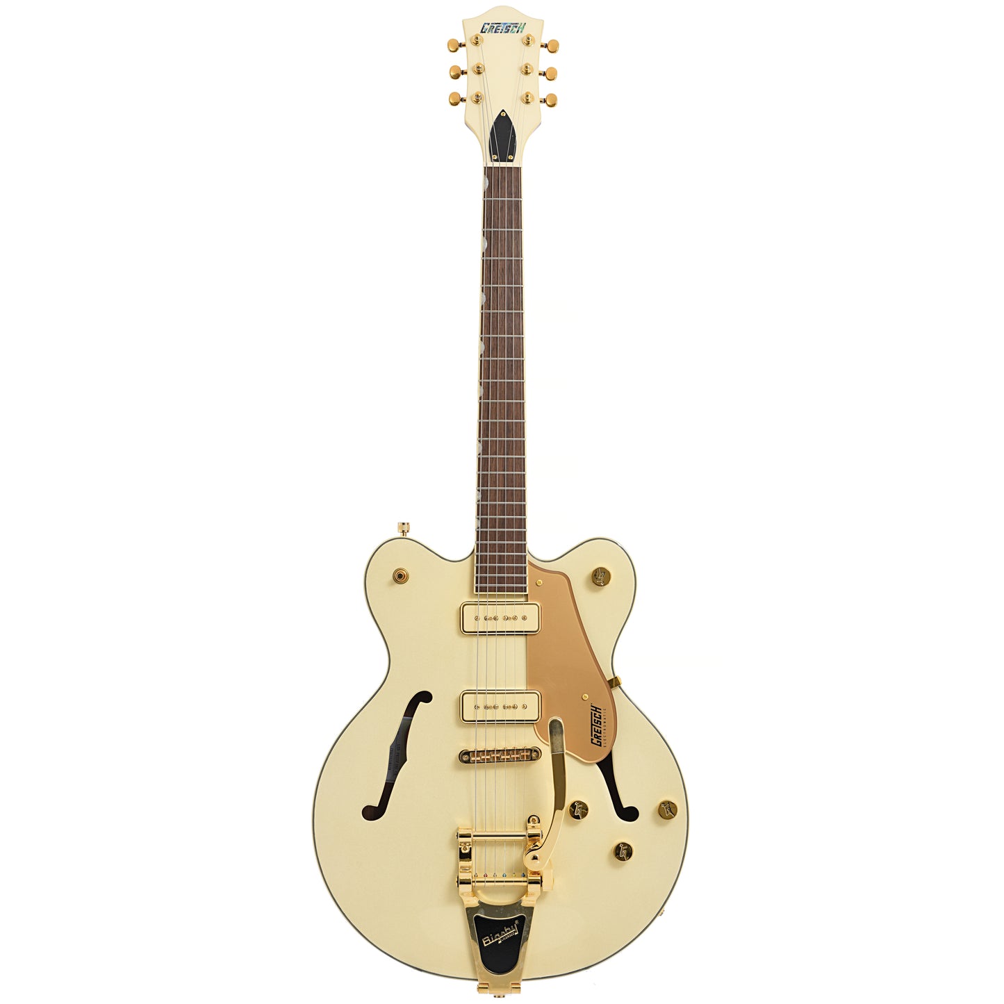 Full front of Gretsch Electromatic Pristine LTD Double-Cut with Bigsby, White Gold