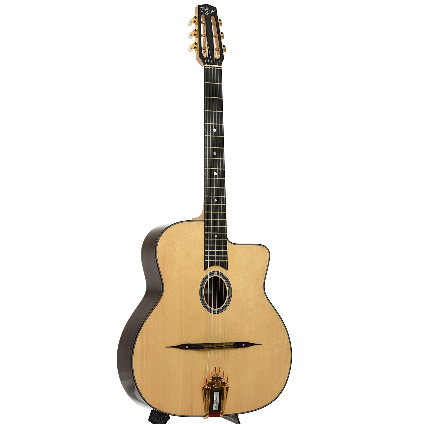 Full front and side of Dell'Arte Jimmy Rosenburg Hot Club Jazz Guitar