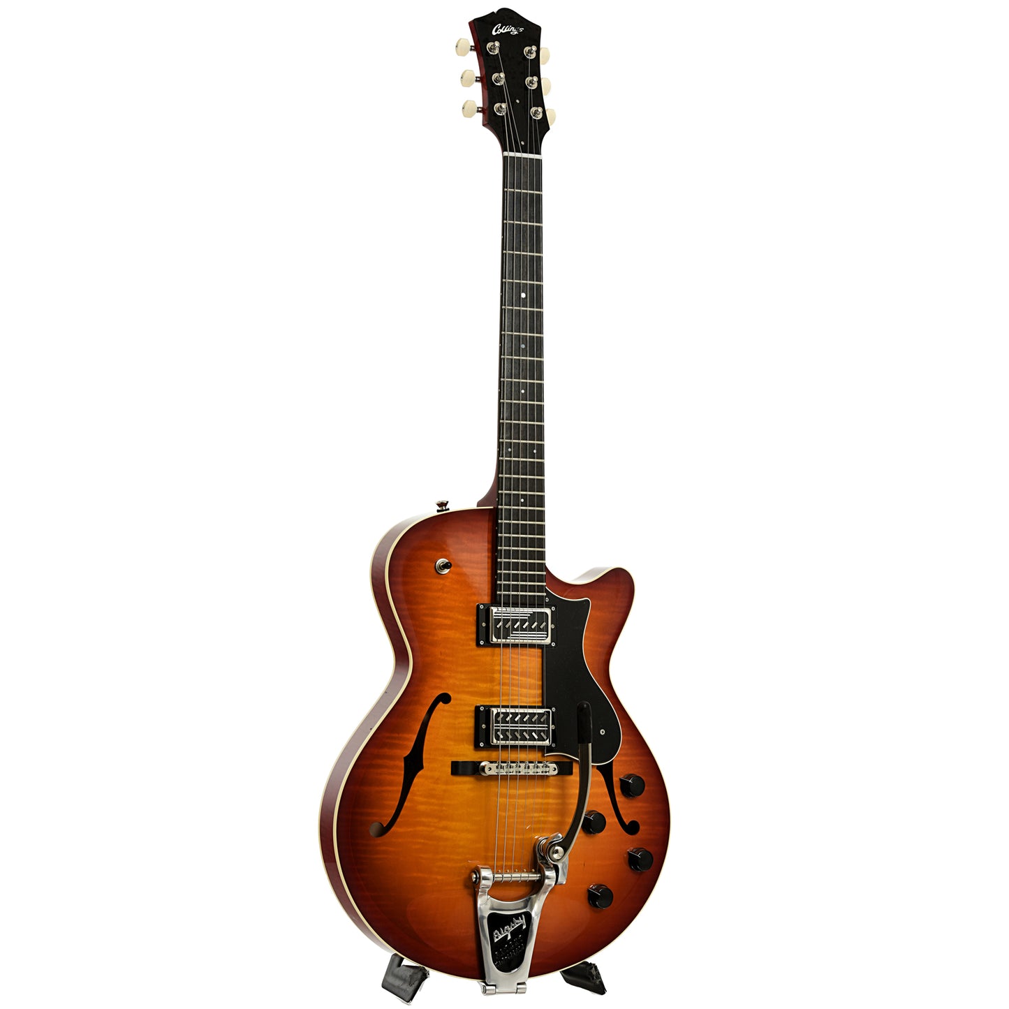 Full front and side of Collings 620 SM LC Hollowbody Electric Guitar, Dark Cherry Sunburst