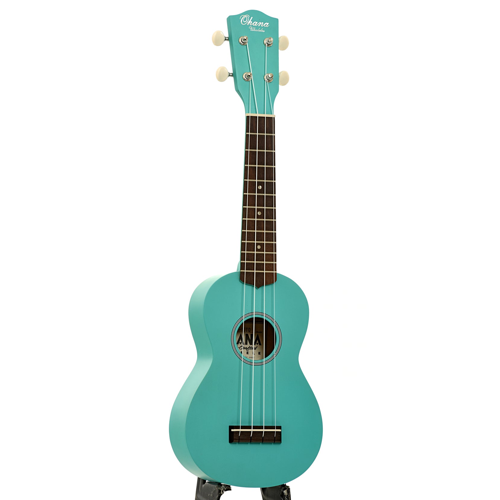 Full front and side of Ohana SK-10 Soprano Ukulele, Turquoise