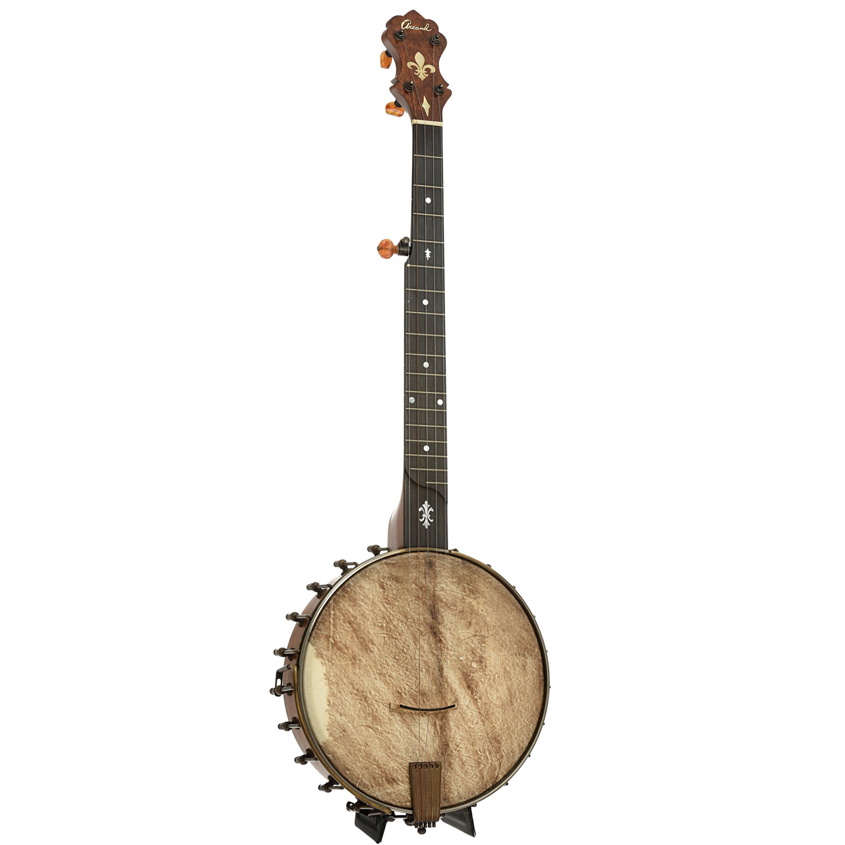 Full front and side of Arcand Black Cherry Open Back Banjo