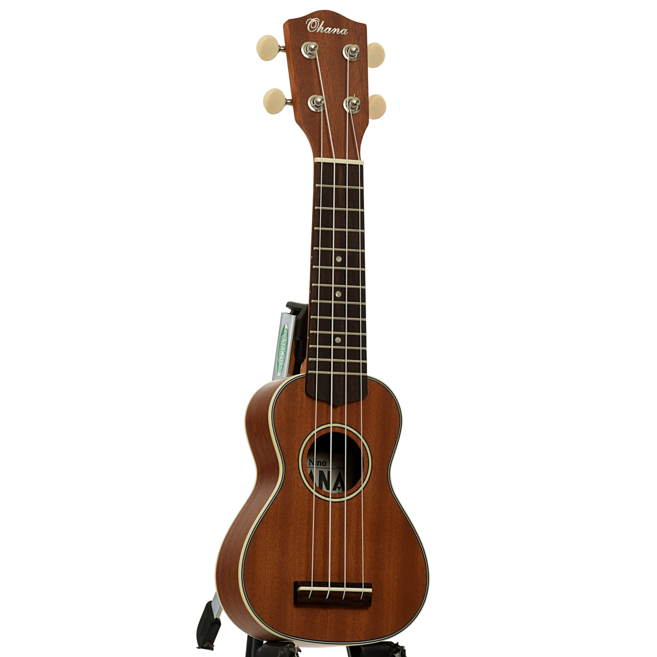 Full front and side of Ohana O'Nino Sopranissimo Ukulele