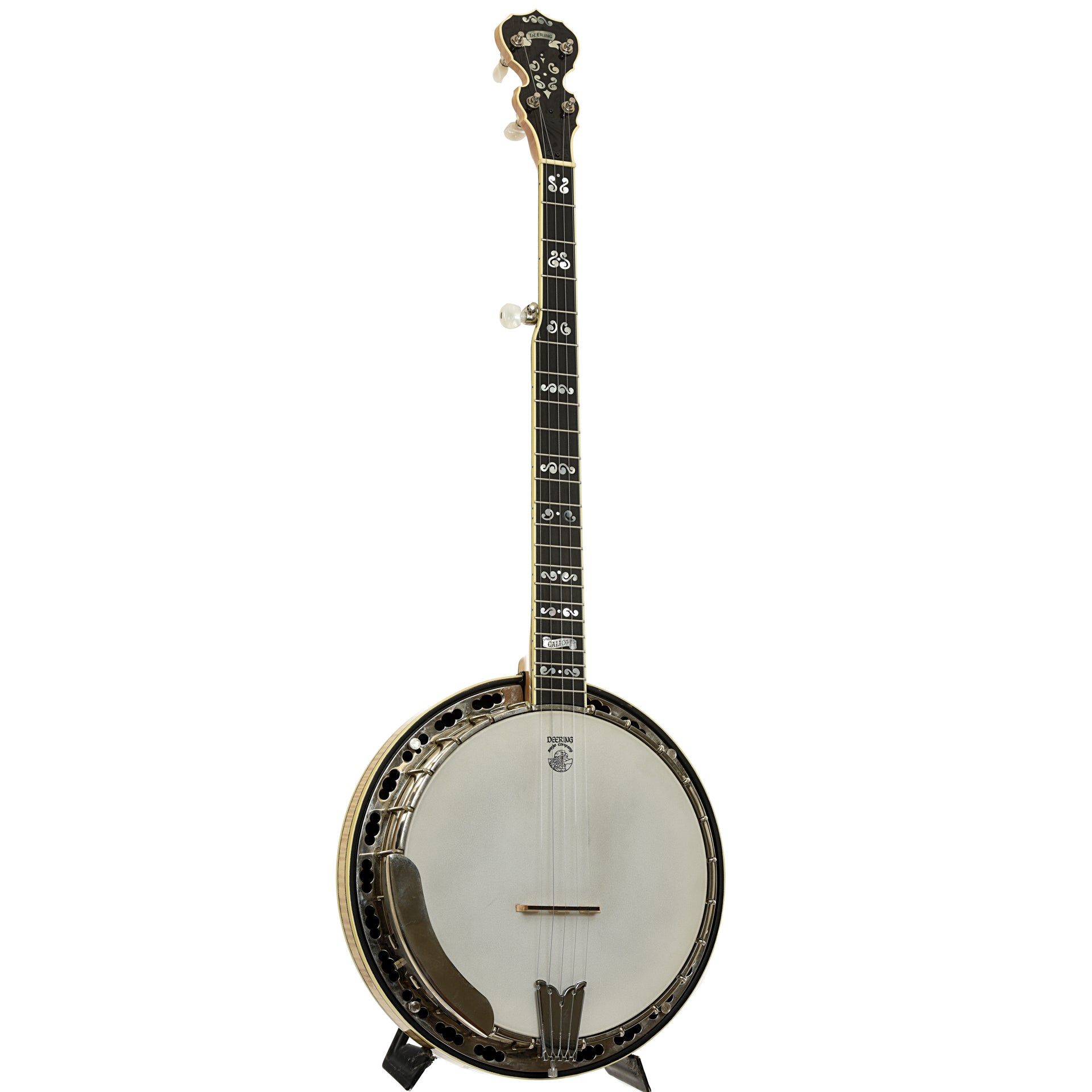 Full front and side of Deering Calico Resonator Banjo