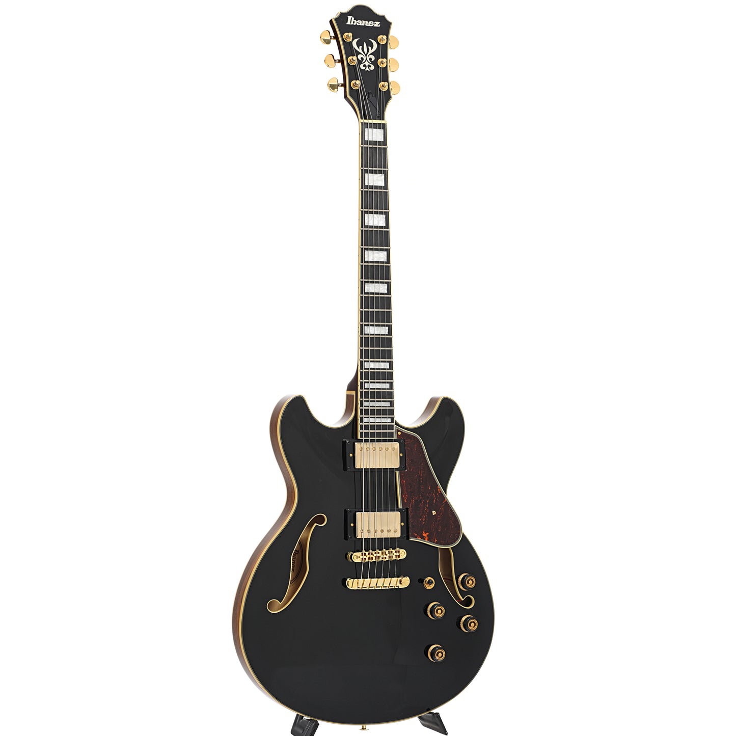 Full front and side of Ibanez Artcore Expressionist AS93BC Semi-hollowbody Electric Guitar, Black