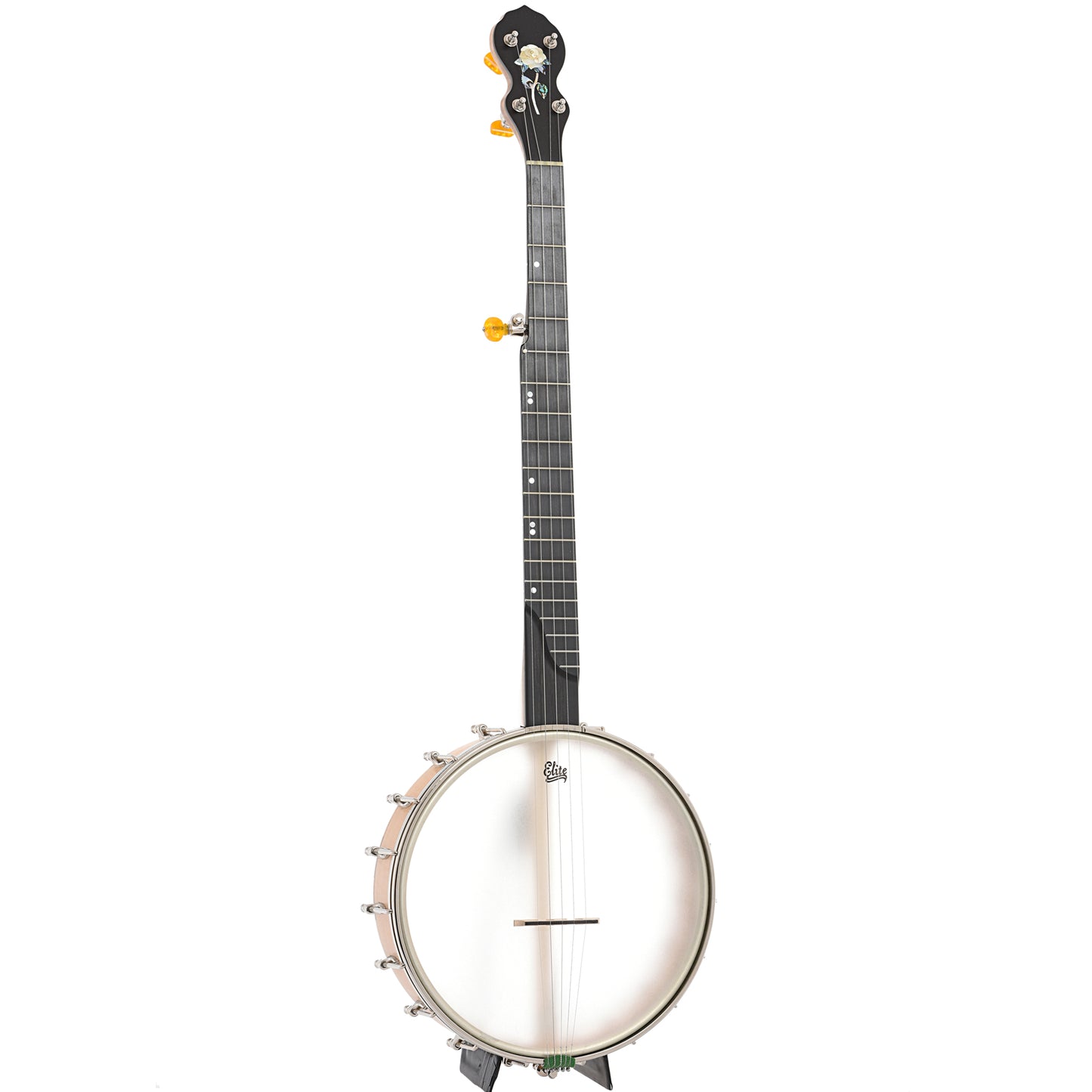 Full front and side of Chuck Lee Glen Rose #858 Openback Banjo, Electric (Whyte Laydie) Tone Ring, 11" Rim
