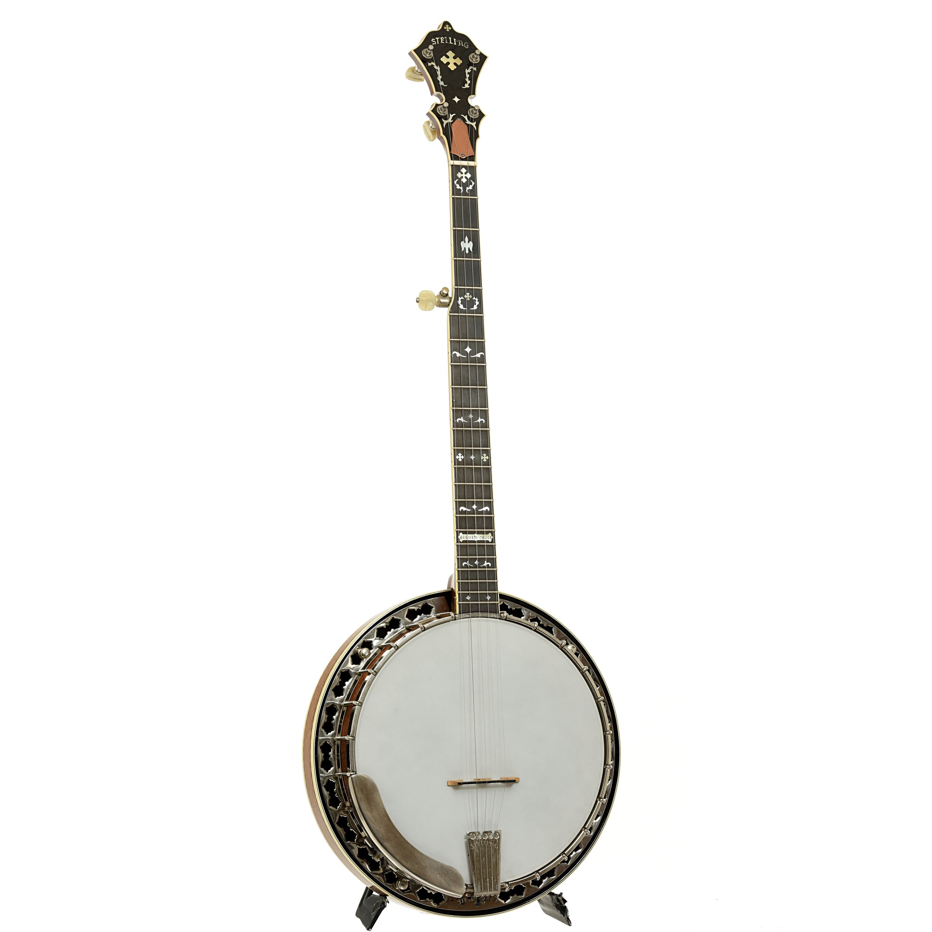 Full front and side of Stelling Golden Cross Walnut Resonator Banjo