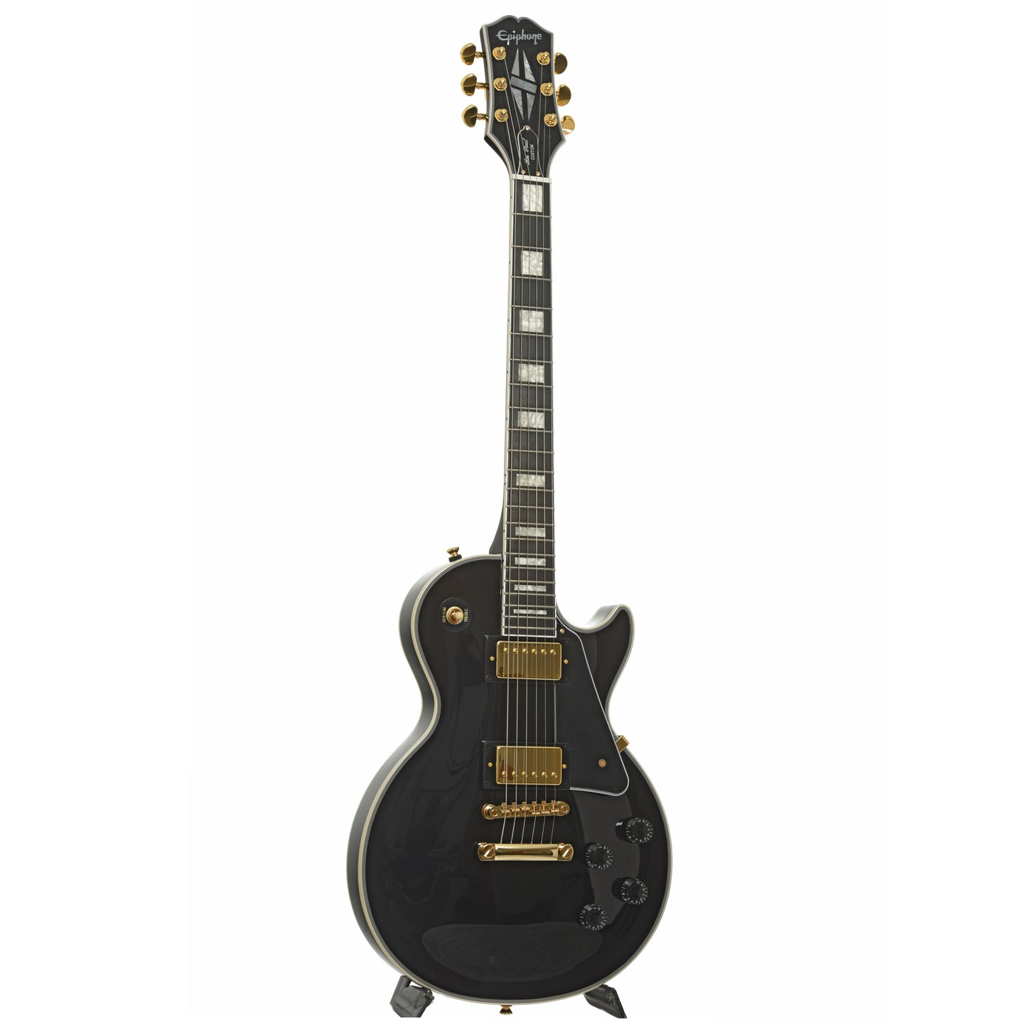 Full front and side of Epiphone Les Paul Custom Electric Guitar