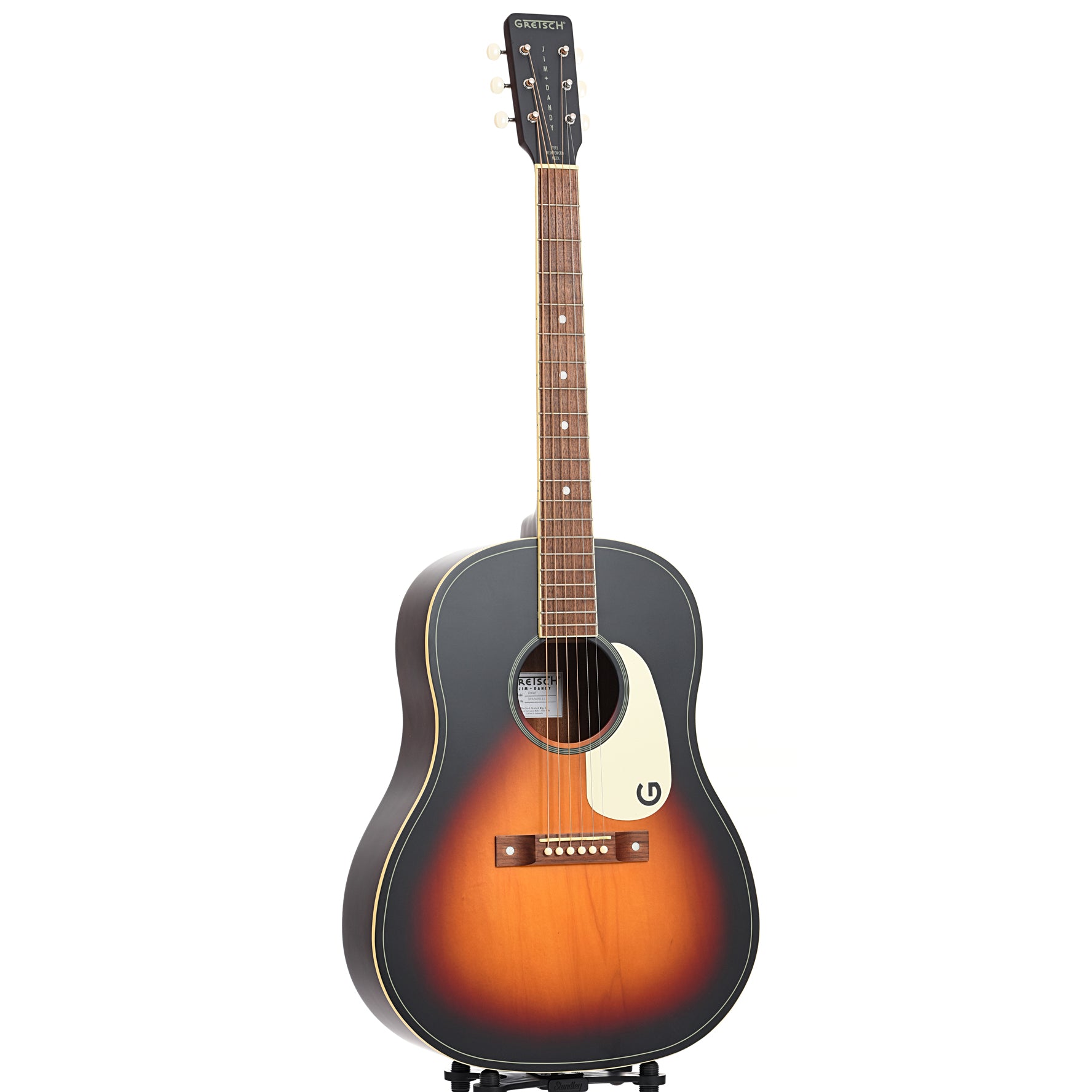 Full front and side of Gretsch Jim Dandy Dreadnought Acoustic Guitar, Rex Burst