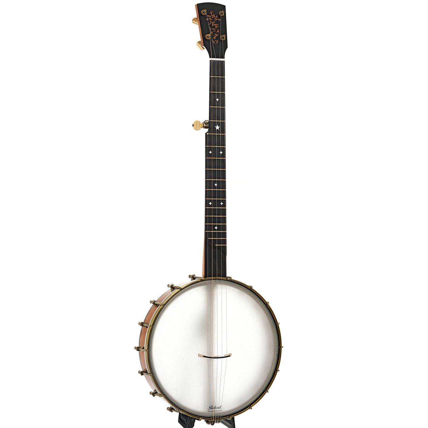 Full front and side of Rickard 12" Little Wonder Openback Banjo 