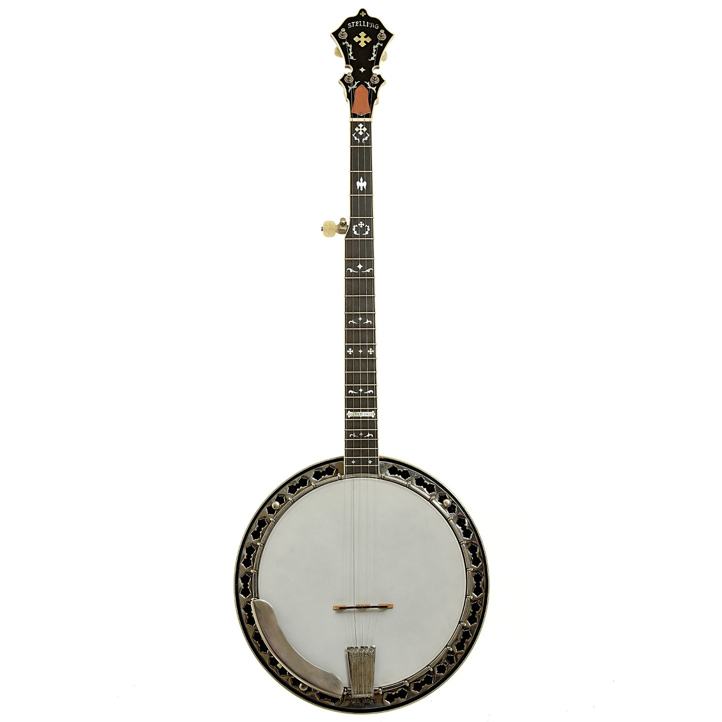 Full front of Stelling Golden Cross Walnut Resonator Banjo