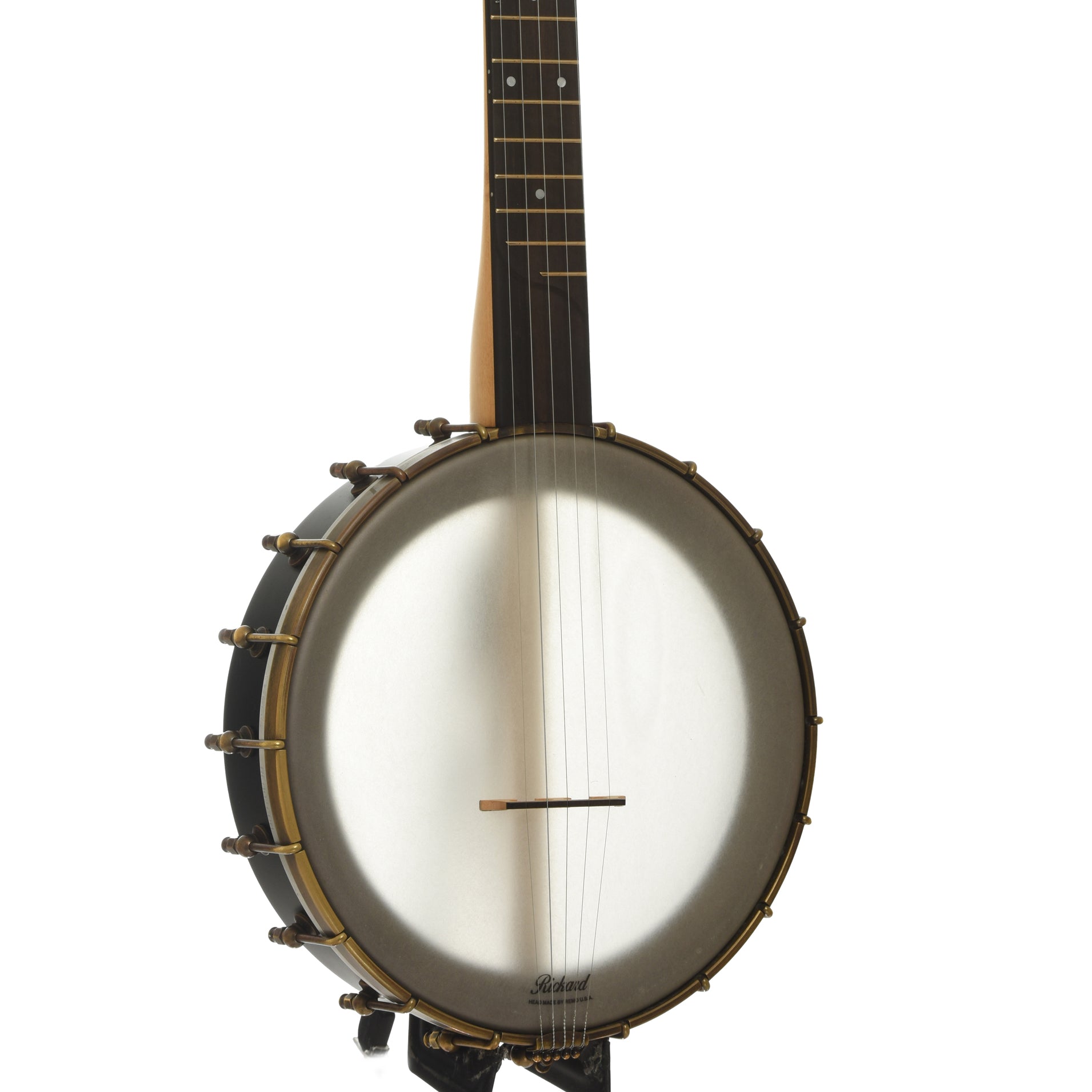 Front and side of Rickard Maple Ridge 11 in. Openback Banjo