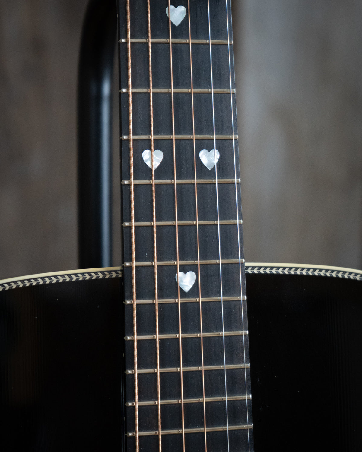 Showroom photo of fingerboard of Collings OM1H Custom Acoustic Guitar (c.2023)