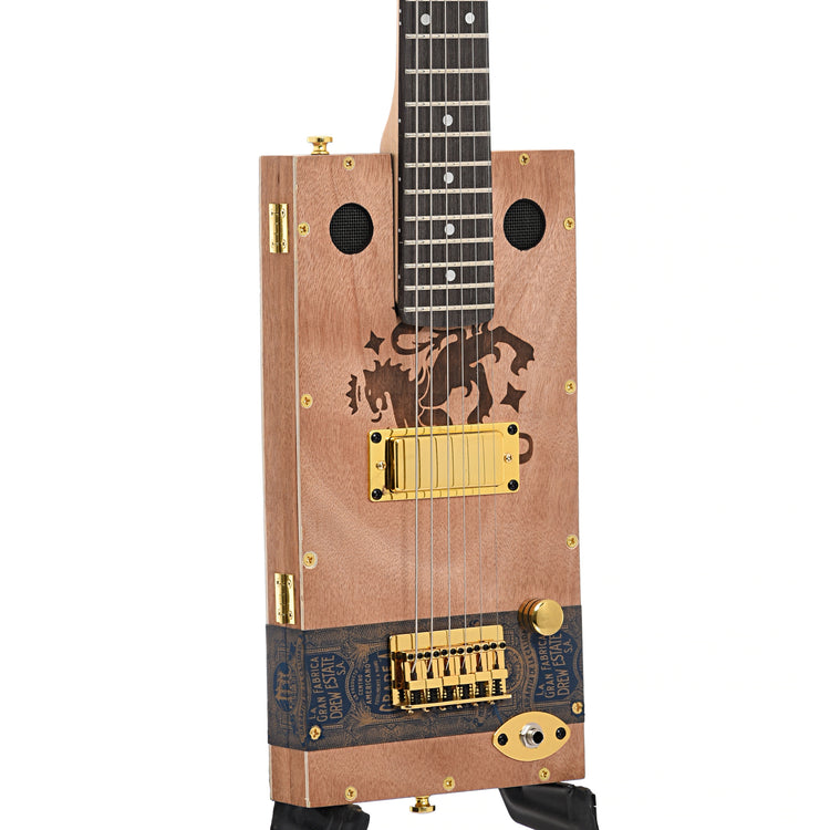 Front and side of Get Down Guitars 6-String Liga Privada Feral Flying Pig Cigar Box Guitar