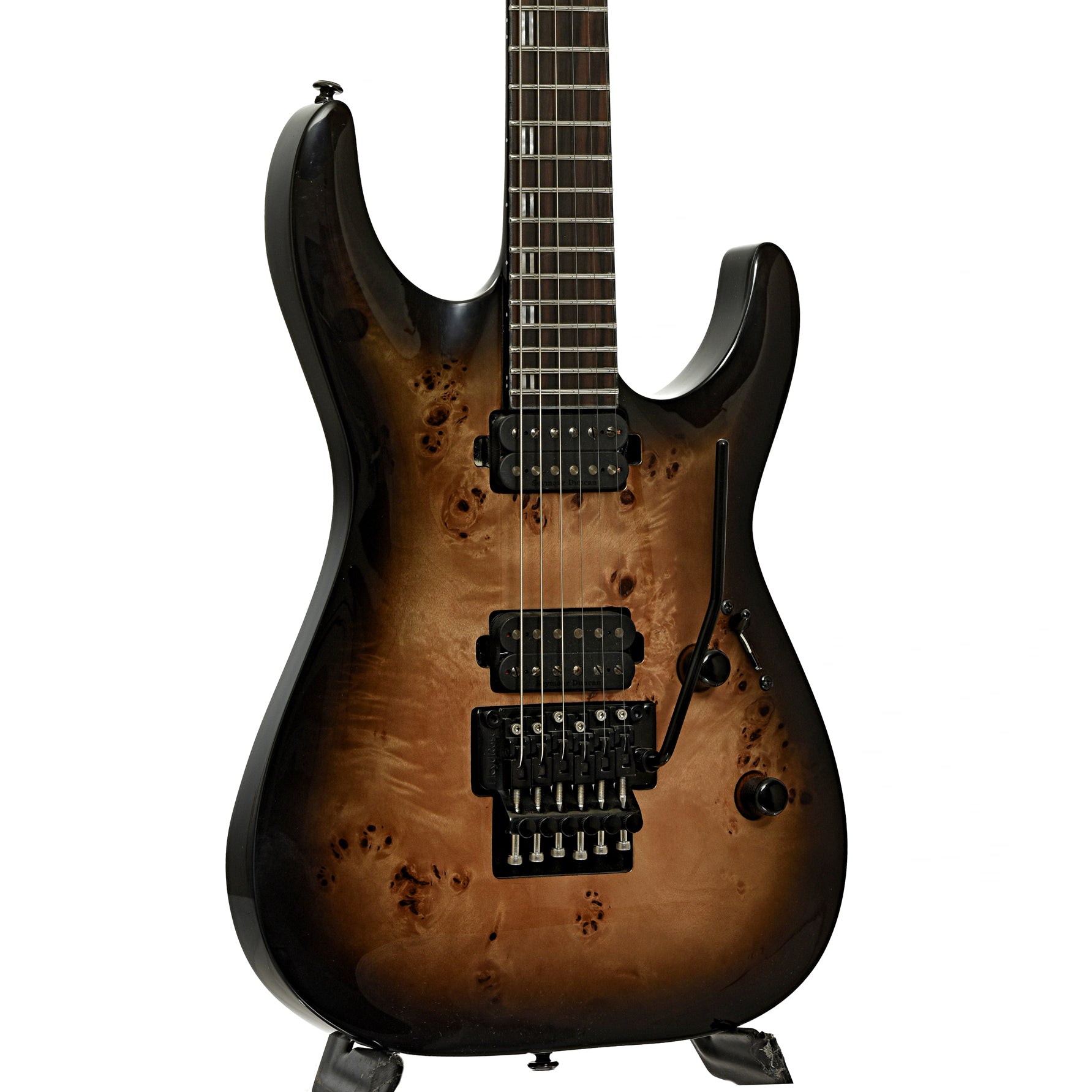 Front and side of ESP LTD H-1001FR Electric Guitar, Black Natural Burst