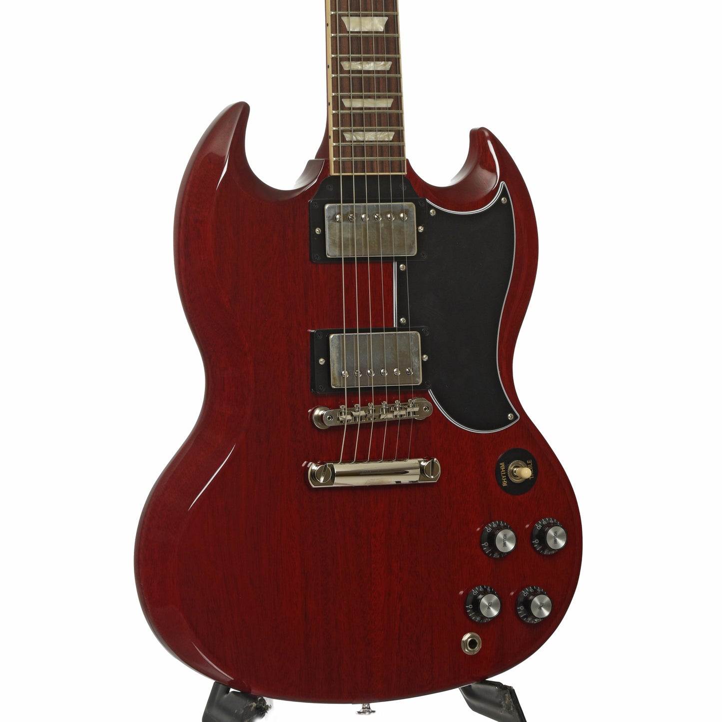 Front and side of Gibson SG Standard 61 Stop Bar Electric Guitar & Case, Heritage Cherry