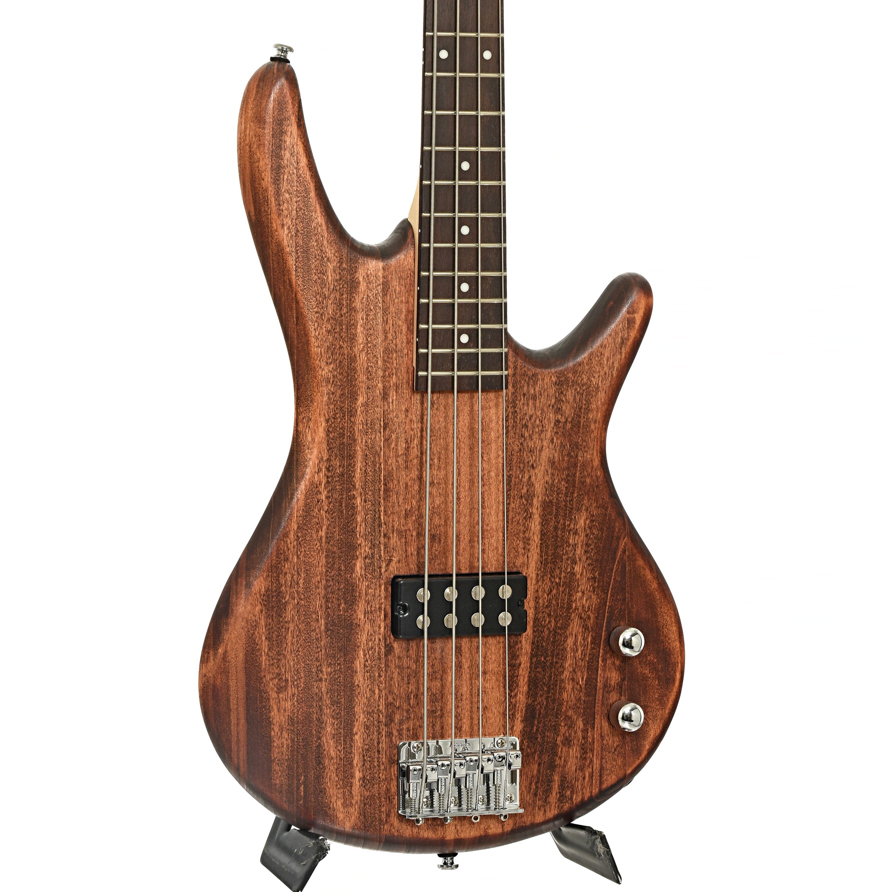 Front and side of Ibanez Gio GSR100EX Electric Bass Guitar, Mahogany Oil