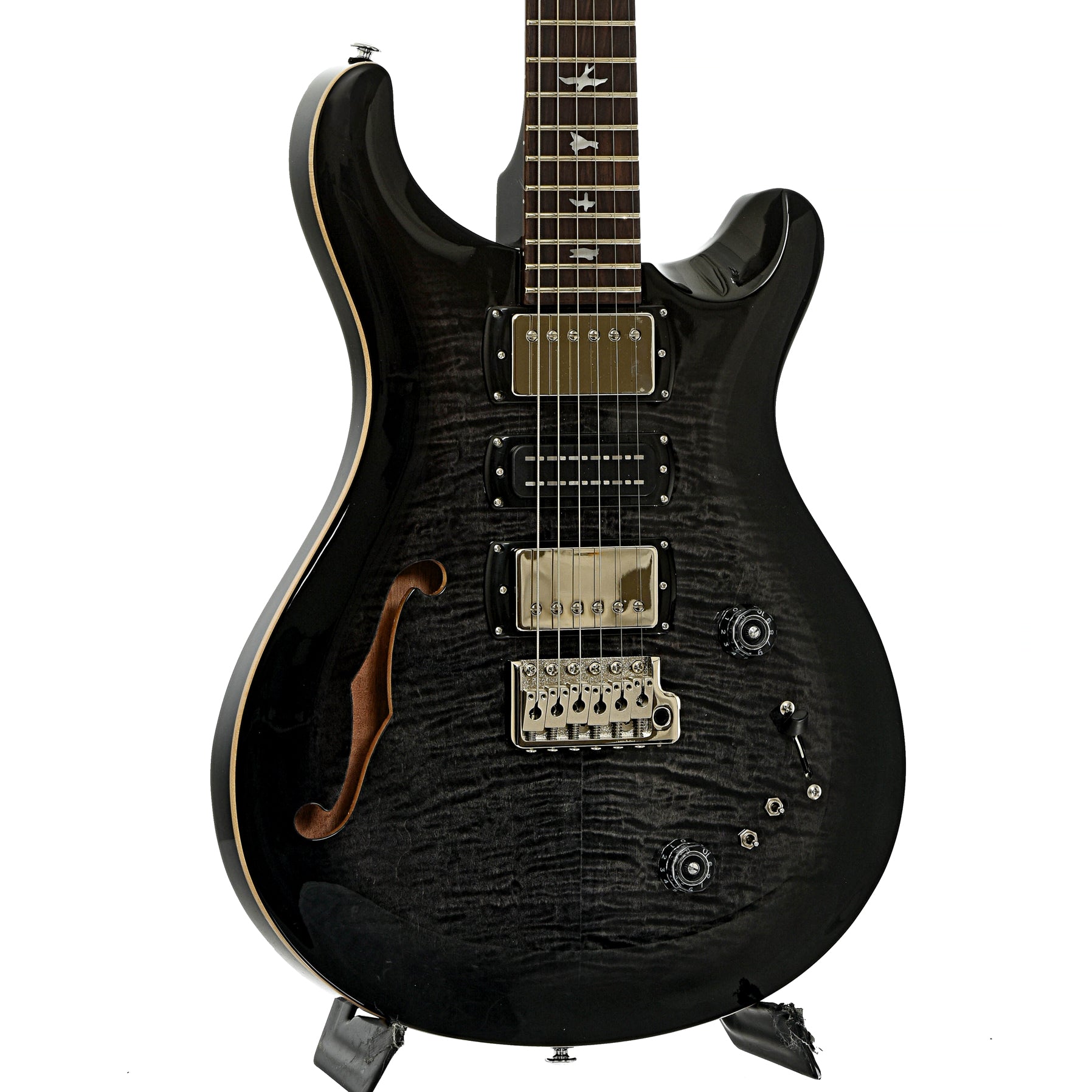 Front and side of PRS SE Special Semi-Hollow Electric Guitar Charcoal Burst